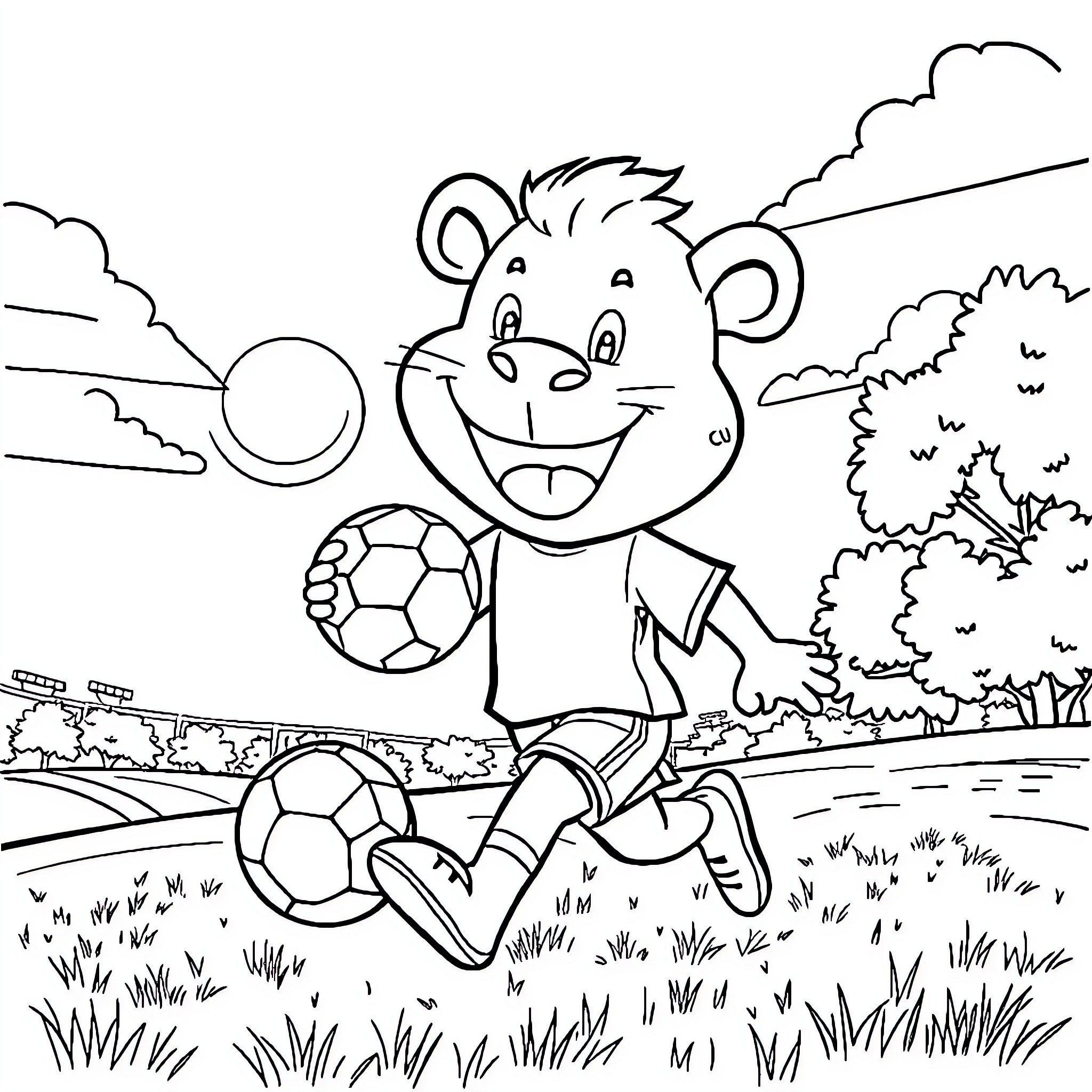 Labubu playing soccer happily in the park Coloring Page (free black-and-white line drawing printable PDF for all, from beginners to advanced learners, including children, teens, adults, and seniors)