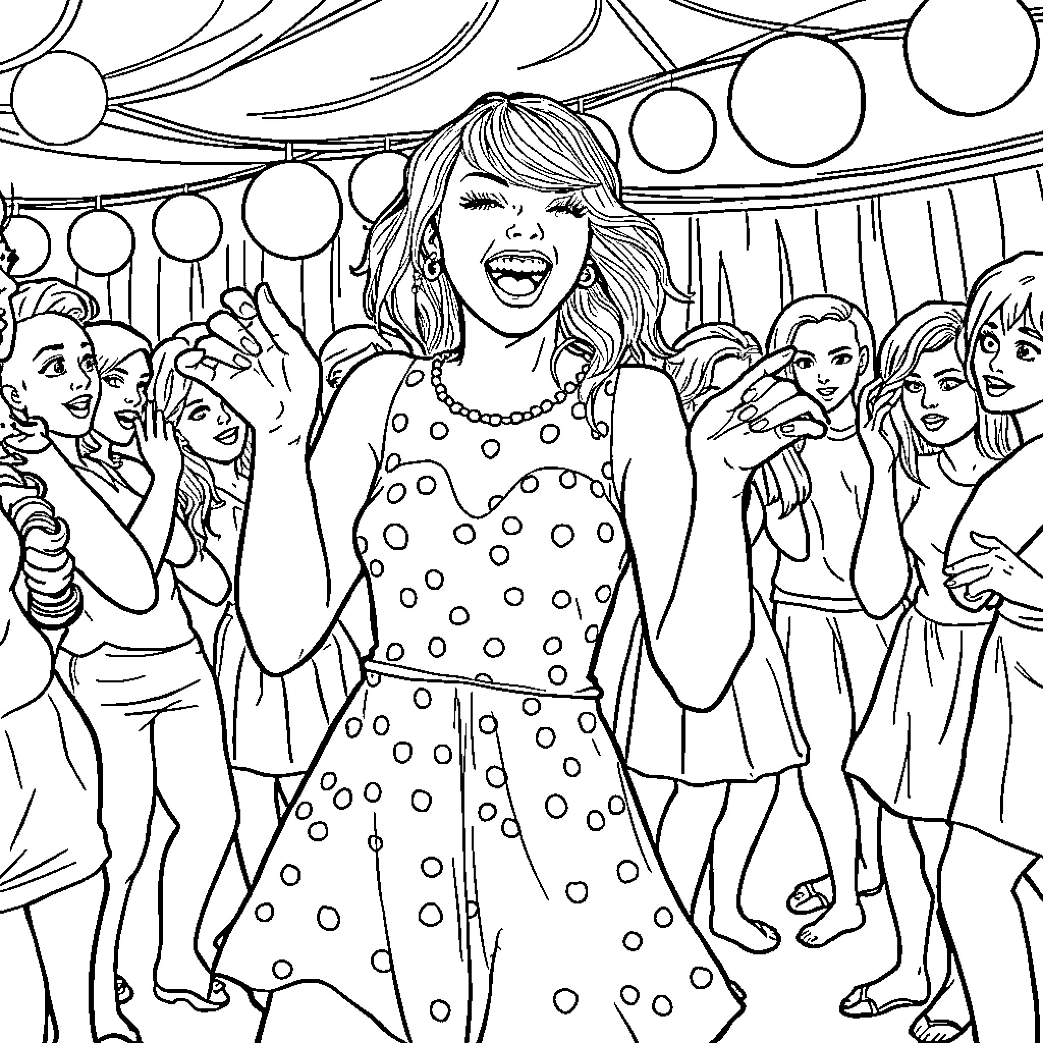Taylor Swift enjoying a lively concert with fans Coloring Page (free black-and-white line drawing printable PDF for all, from beginners to advanced learners, including children, teens, adults, and seniors)