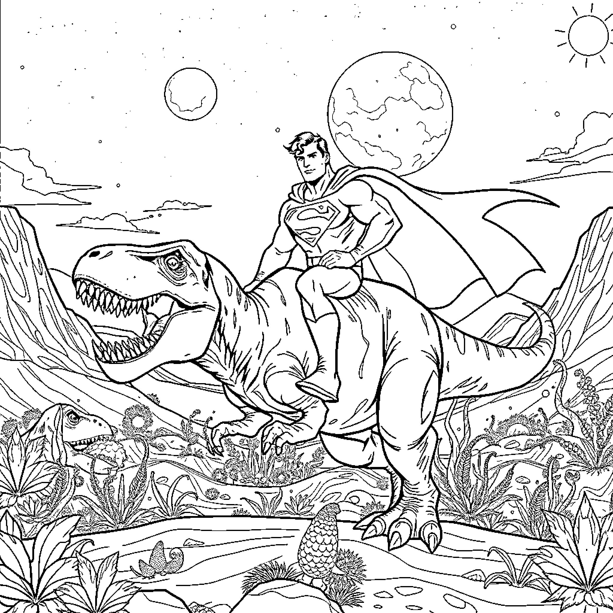 Superman battling a dinosaur in an alien landscape Coloring Page (free black-and-white line drawing printable PDF for all, from beginners to advanced learners, including children, teens, adults, and seniors)