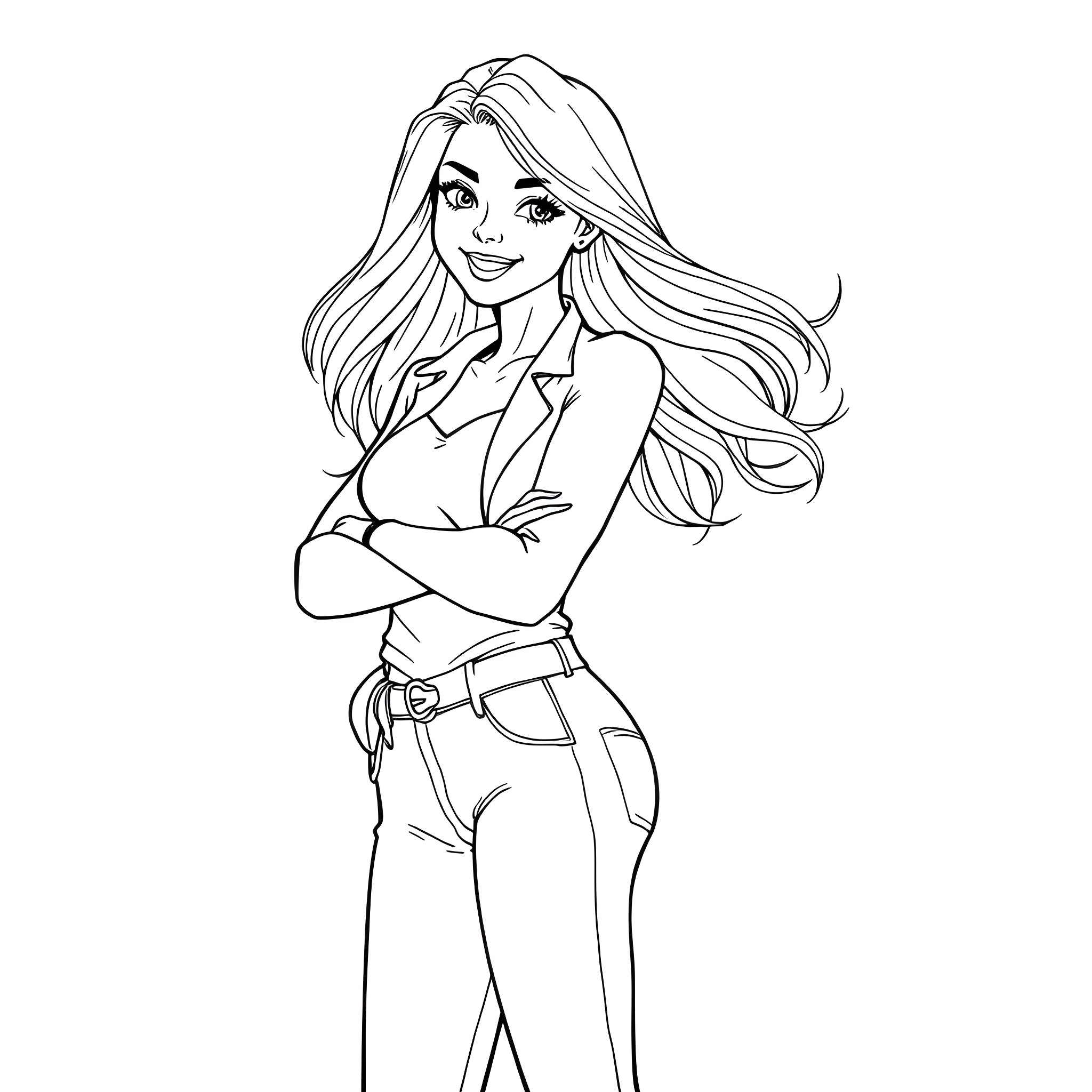 Girl in stylish outfit with flowing hair Coloring Page (free black-and-white line drawing printable PDF for all, from beginners to advanced learners, including children, teens, adults, and seniors)