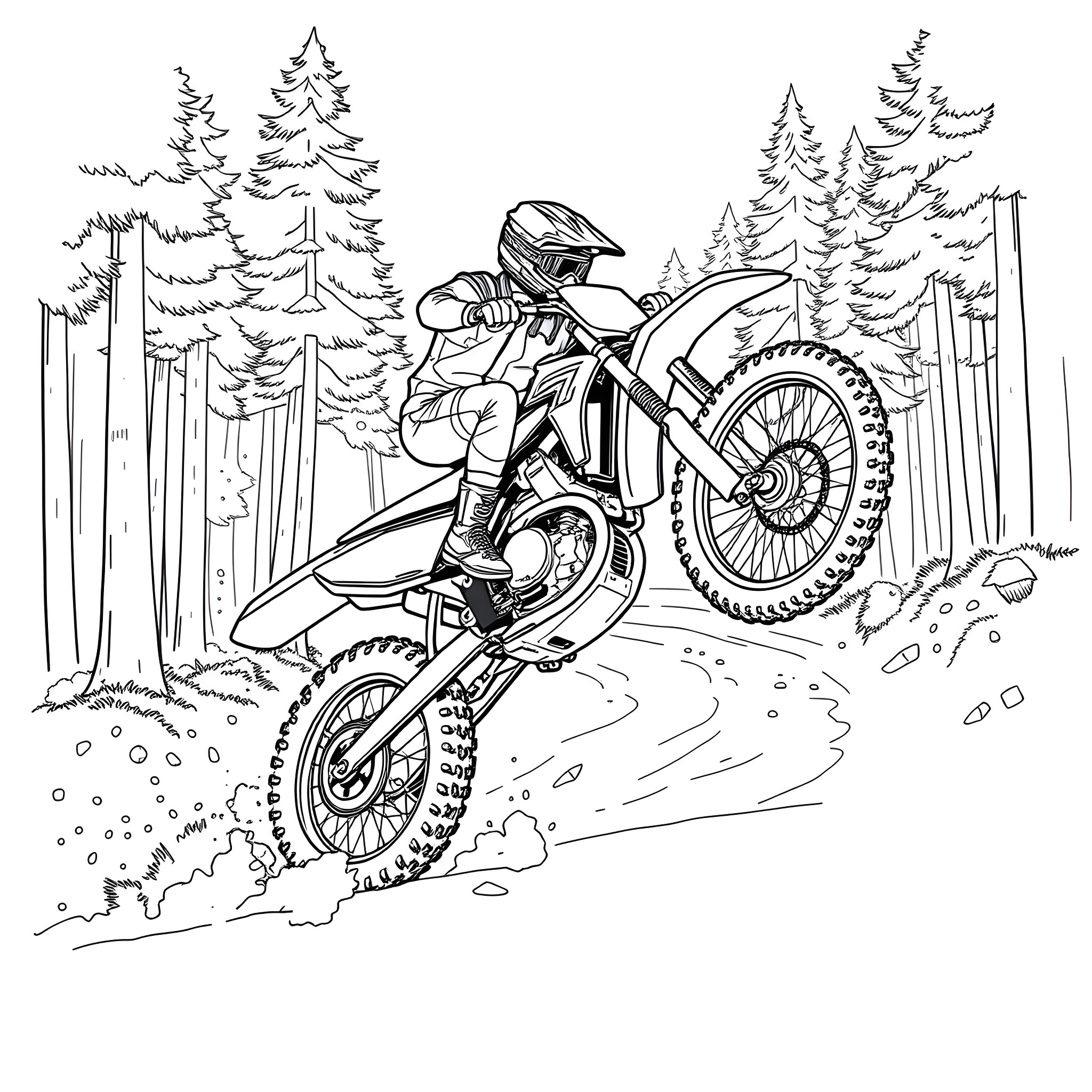 Kx250 Motocross Rider Navigating Forest Terrain Coloring Page (free black-and-white line drawing printable PDF for all, from beginners to advanced learners, including children, teens, adults, and seniors)