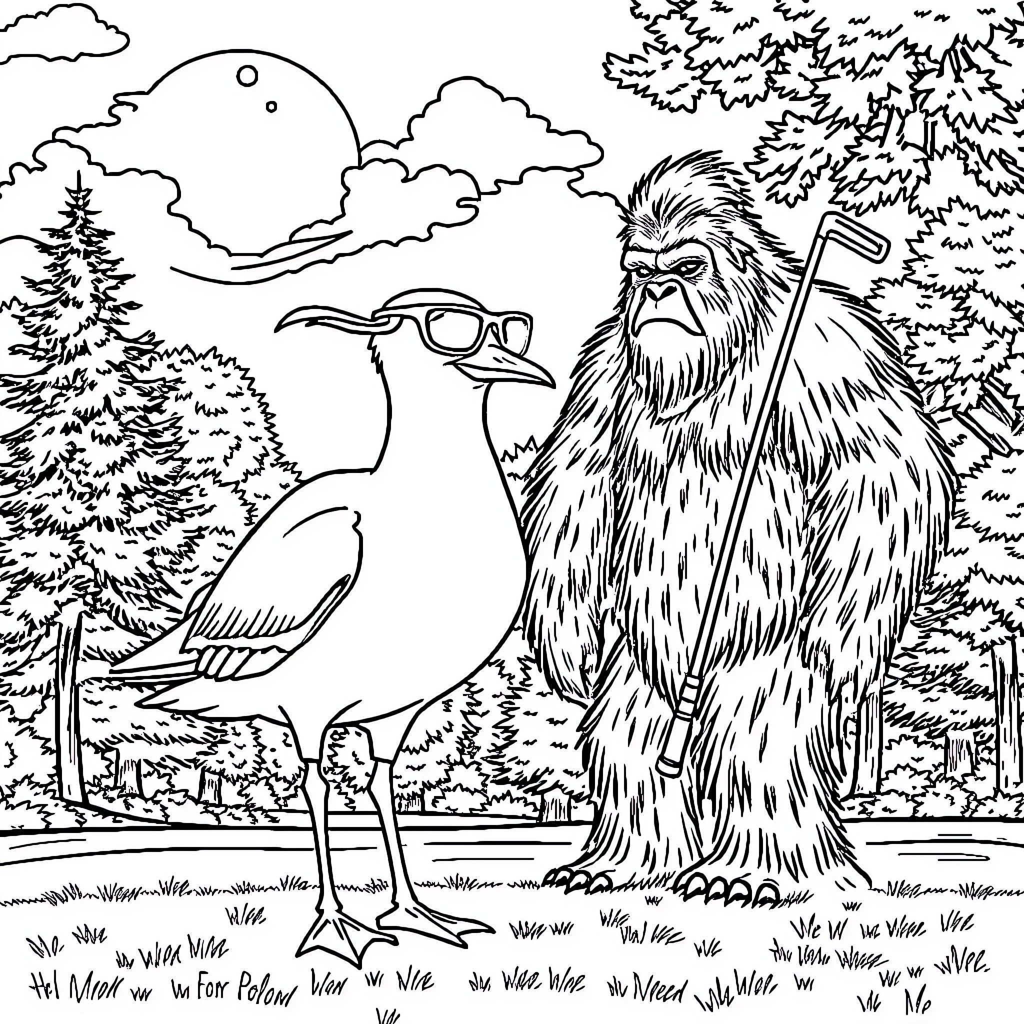 Seagull and a Sasquatch in the Forest Coloring Page (free black-and-white line drawing printable PDF for all, from beginners to advanced learners, including children, teens, adults, and seniors)