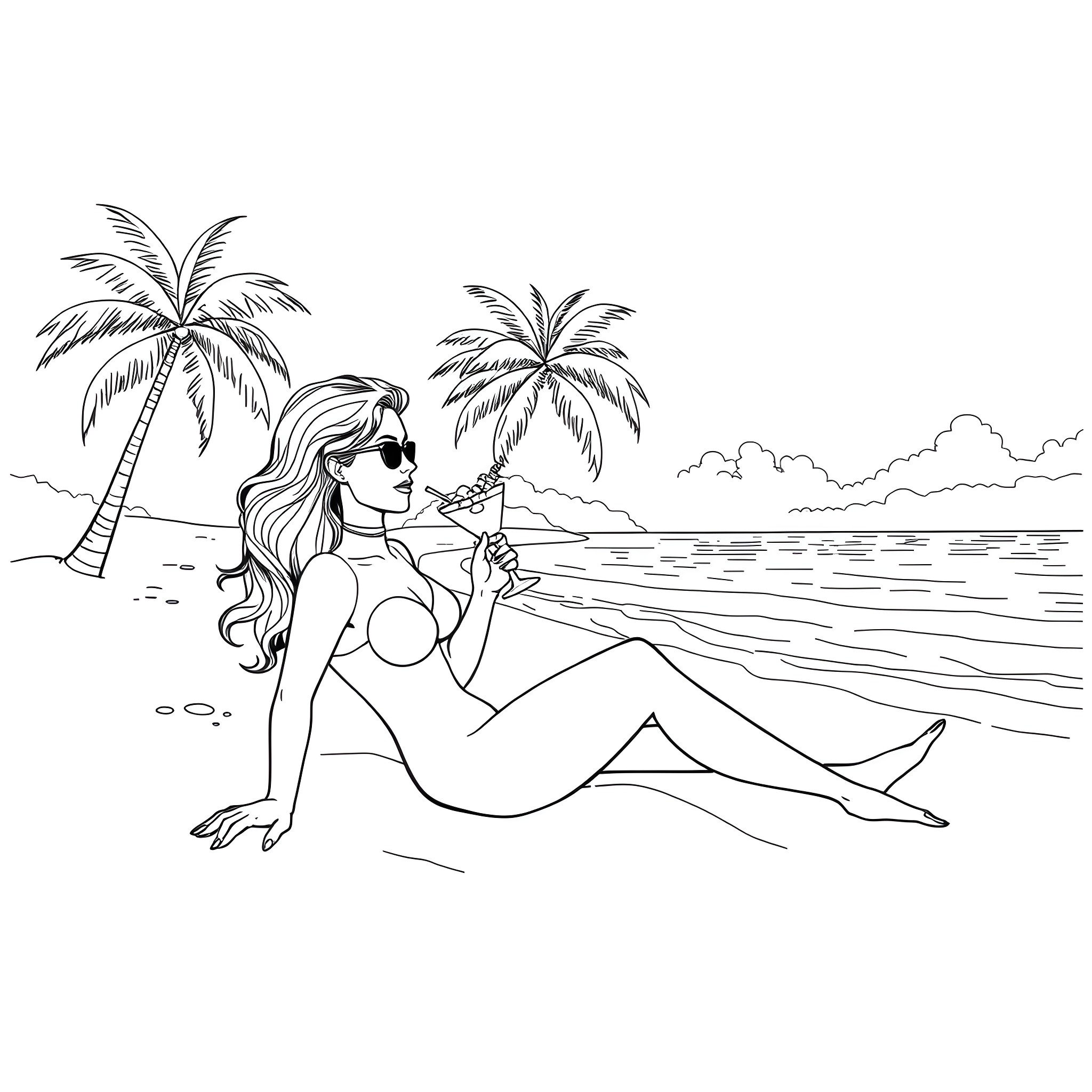 Woman relaxing on the beach under palm trees Coloring Page (free black-and-white line drawing printable PDF for all, from beginners to advanced learners, including children, teens, adults, and seniors)
