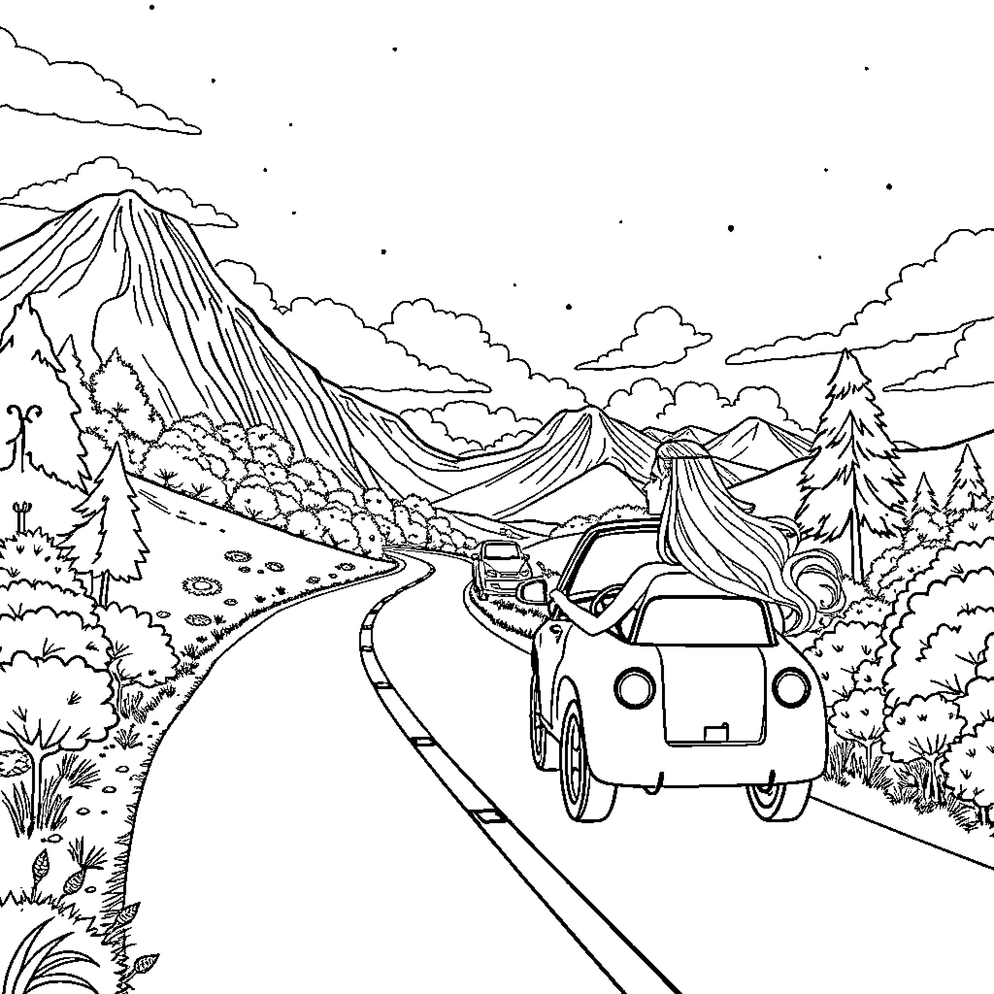 Barbie's Camping Adventure in the Mountains Coloring Page (free black-and-white line drawing printable PDF for all, from beginners to advanced learners, including children, teens, adults, and seniors)