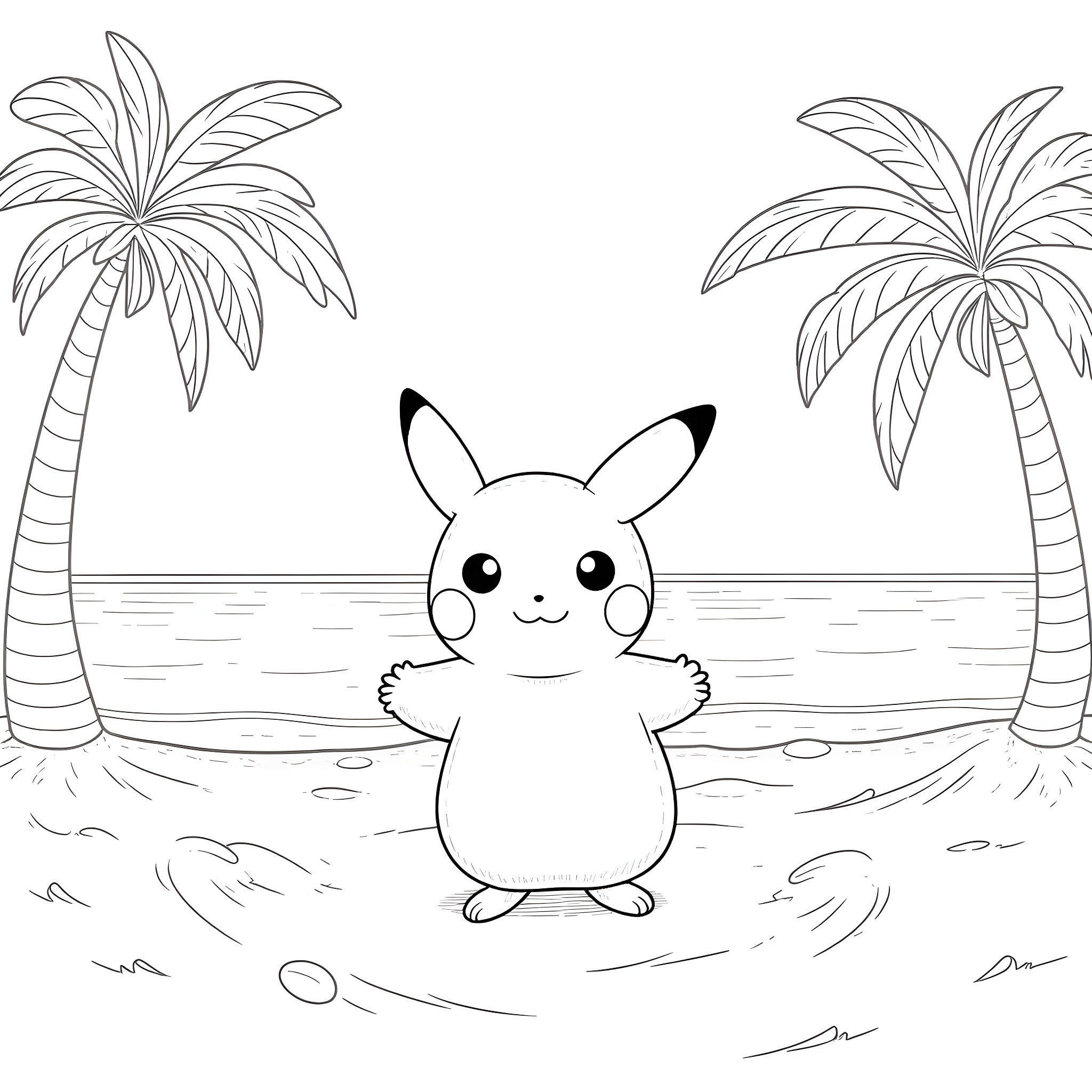 Pikachu relaxing on the beach with palm trees Coloring Page (free black-and-white line drawing printable PDF for all, from beginners to advanced learners, including children, teens, adults, and seniors)