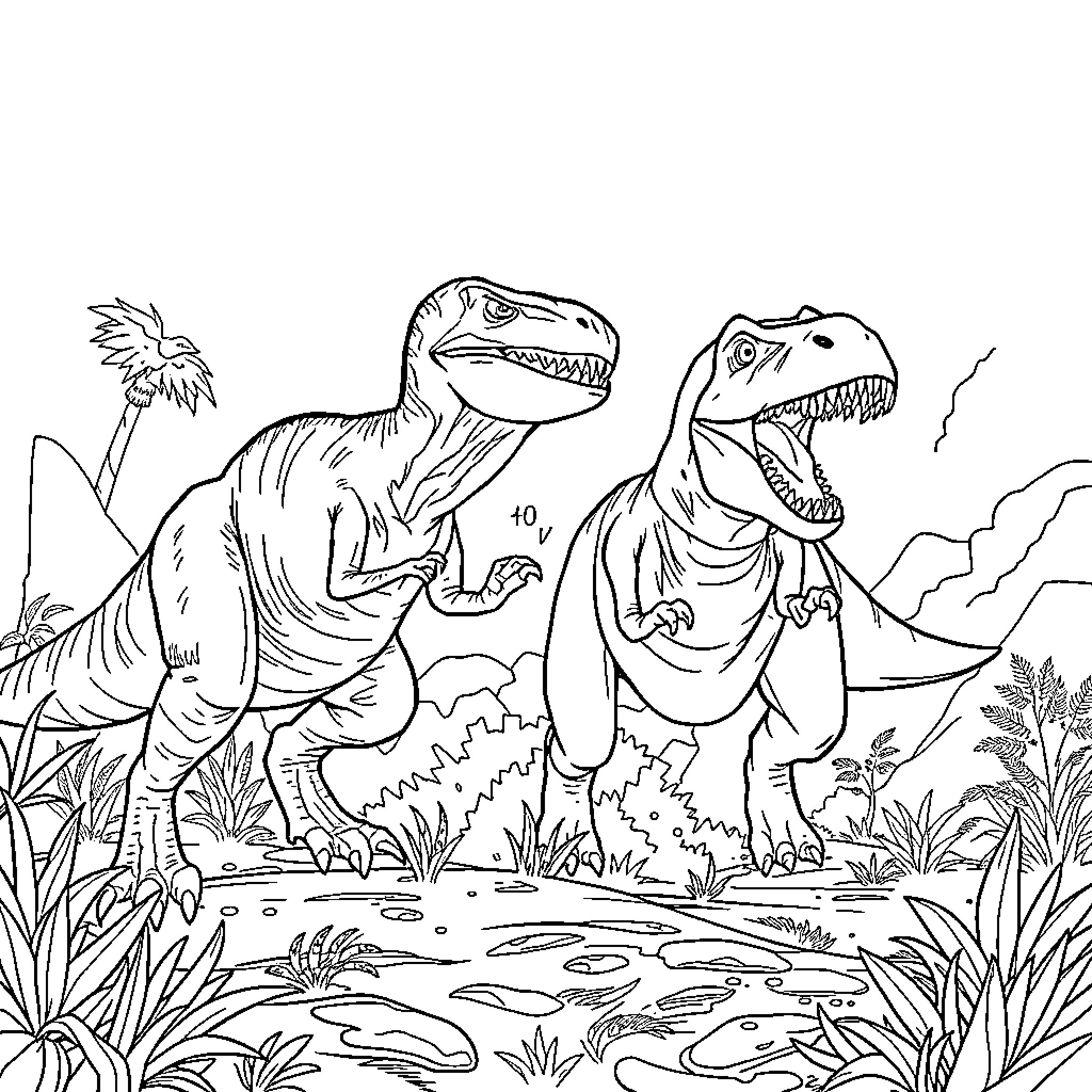 Velociraptor dinosaurs in prehistoric landscape Coloring Page (free black-and-white line drawing printable PDF for all, from beginners to advanced learners, including children, teens, adults, and seniors)