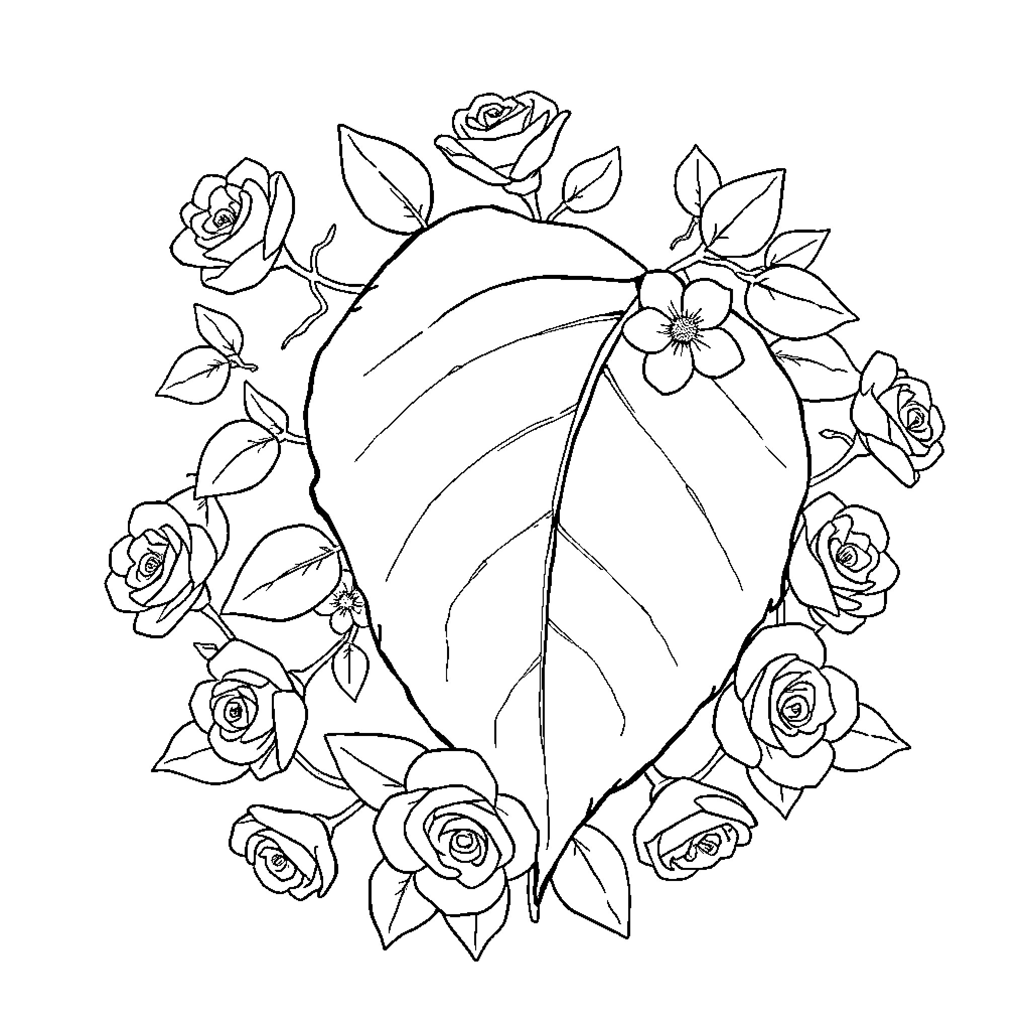 Ivy-covered Heart Adorned with Flowers Coloring Page (free black-and-white line drawing printable PDF for all, from beginners to advanced learners, including children, teens, adults, and seniors)