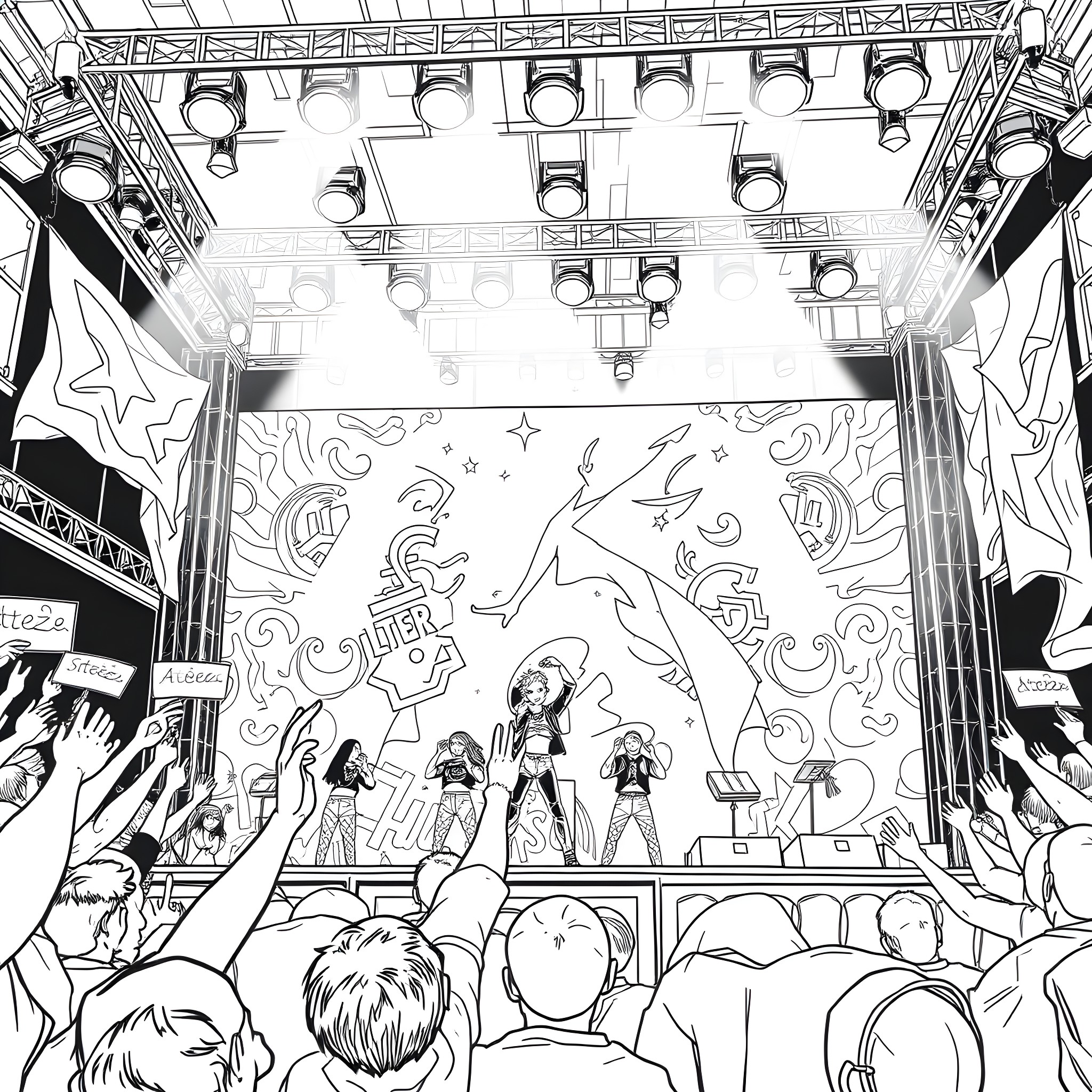 Ateez Performing on Vibrant Stage Coloring Page (free black-and-white line drawing printable PDF for all, from beginners to advanced learners, including children, teens, adults, and seniors)