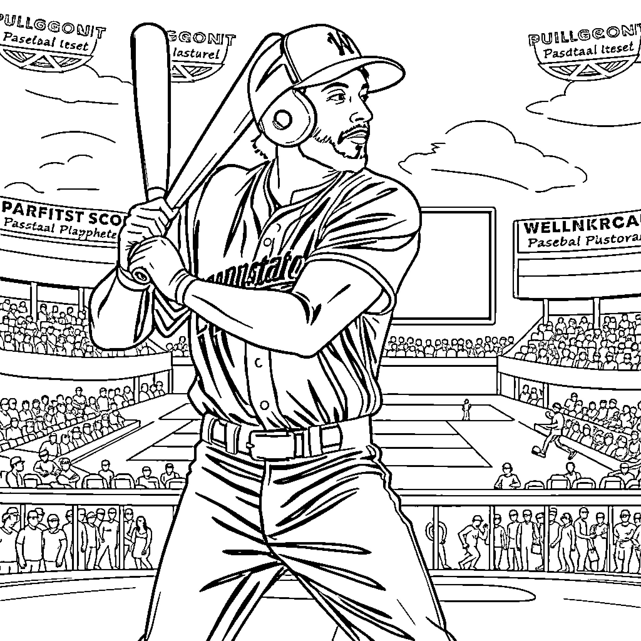 Nomar Garciaparra baseball player in action on the field Coloring Page (free black-and-white line drawing printable PDF for all, from beginners to advanced learners, including children, teens, adults, and seniors)