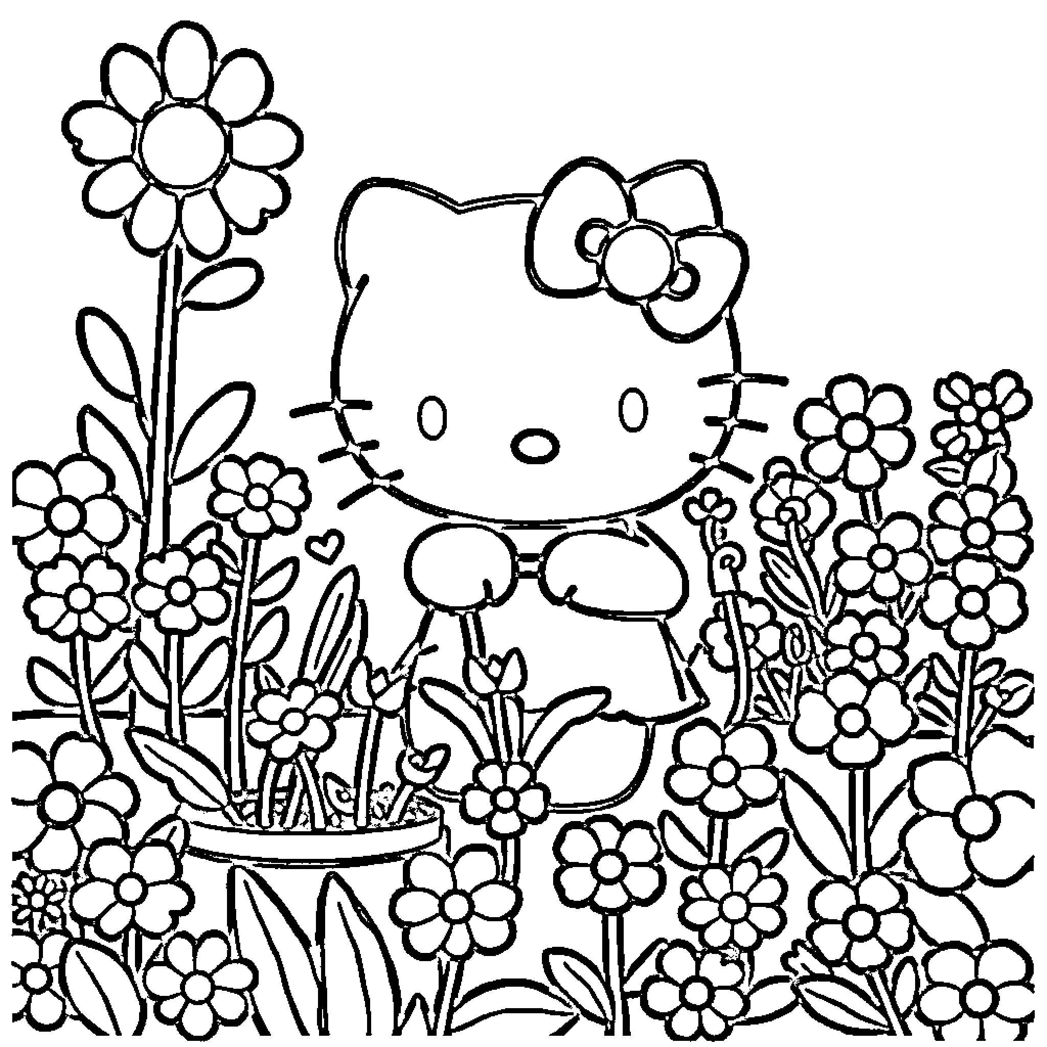 Hello Kitty surrounded by playful flowers and nature Coloring Page (free black-and-white line drawing printable PDF for all, from beginners to advanced learners, including children, teens, adults, and seniors)