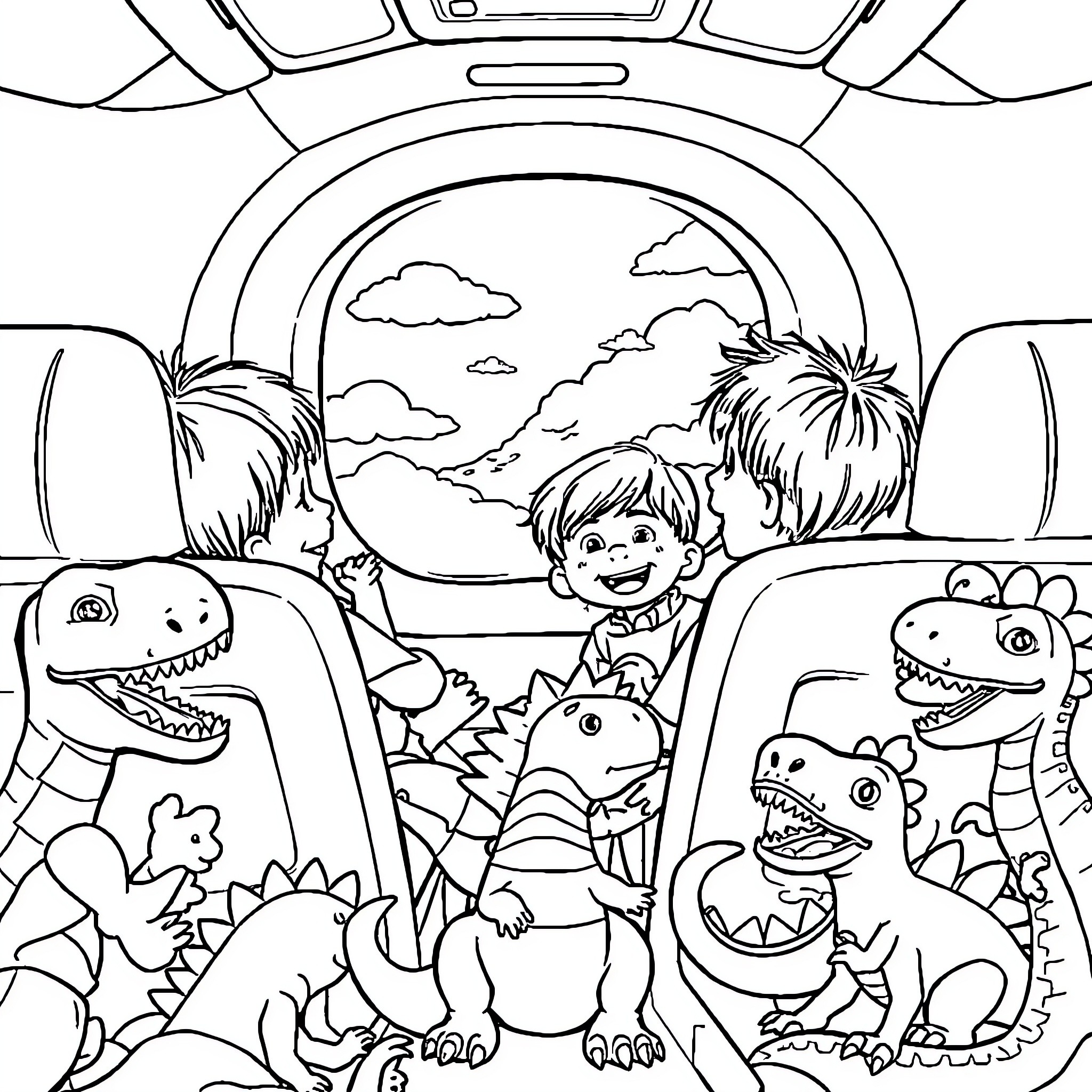Kid Exploring Dinosaur World in Car Coloring Page (free black-and-white line drawing printable PDF for all, from beginners to advanced learners, including children, teens, adults, and seniors)