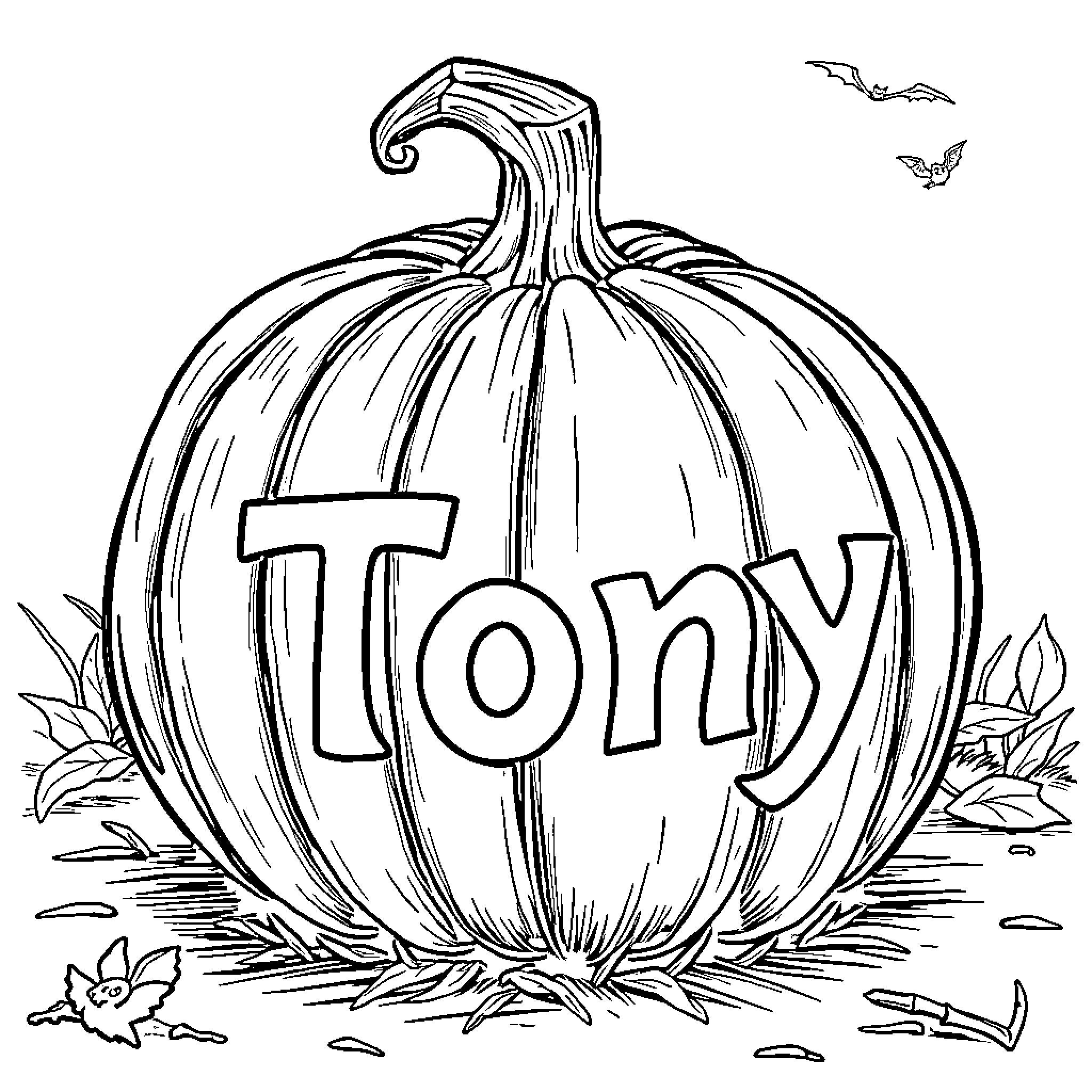 Pumpkin with name carved on it Coloring Page (free black-and-white line drawing printable PDF for all, from beginners to advanced learners, including children, teens, adults, and seniors)
