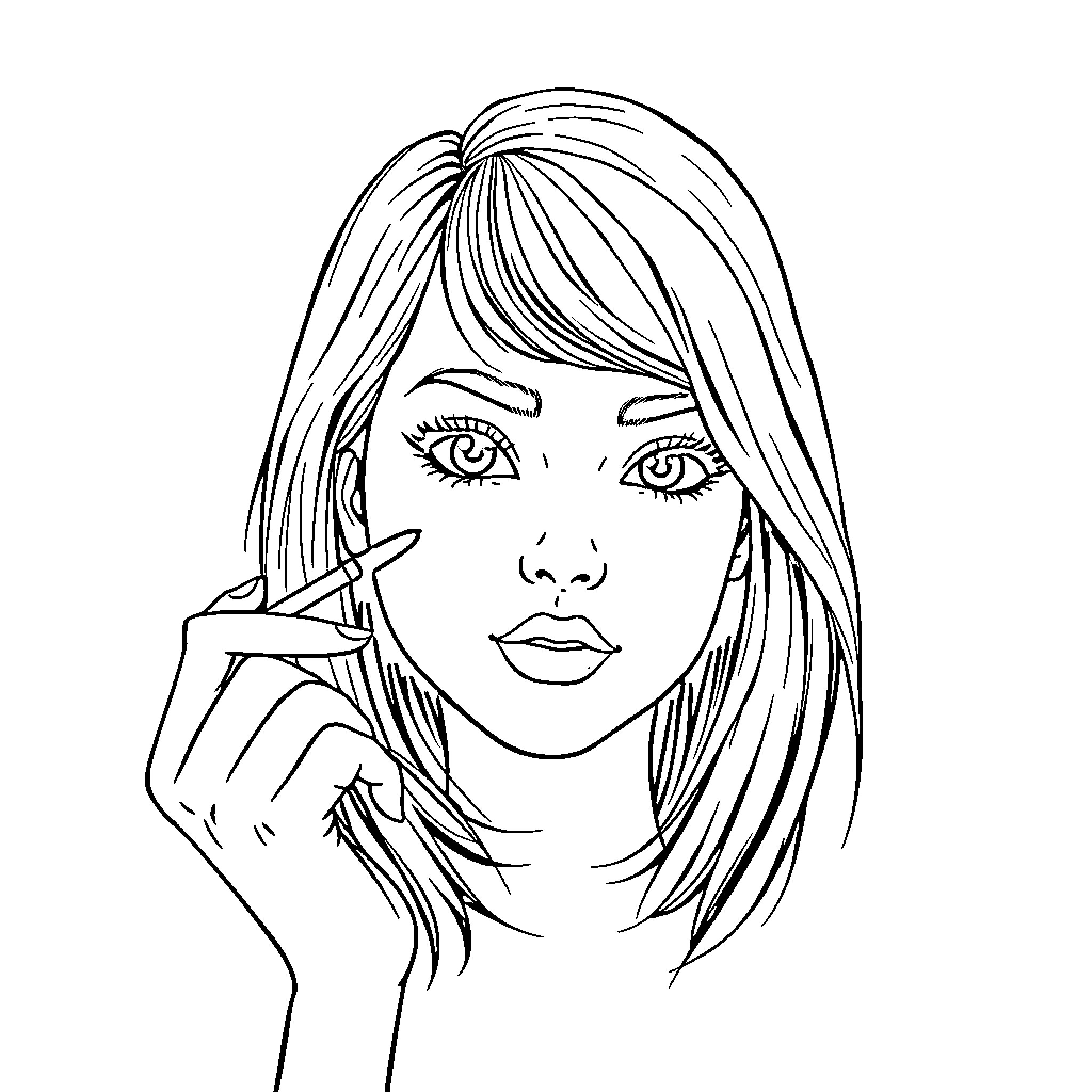 Teen Girl Styling Her Hair Coloring Page (free black-and-white line drawing printable PDF for all, from beginners to advanced learners, including children, teens, adults, and seniors)