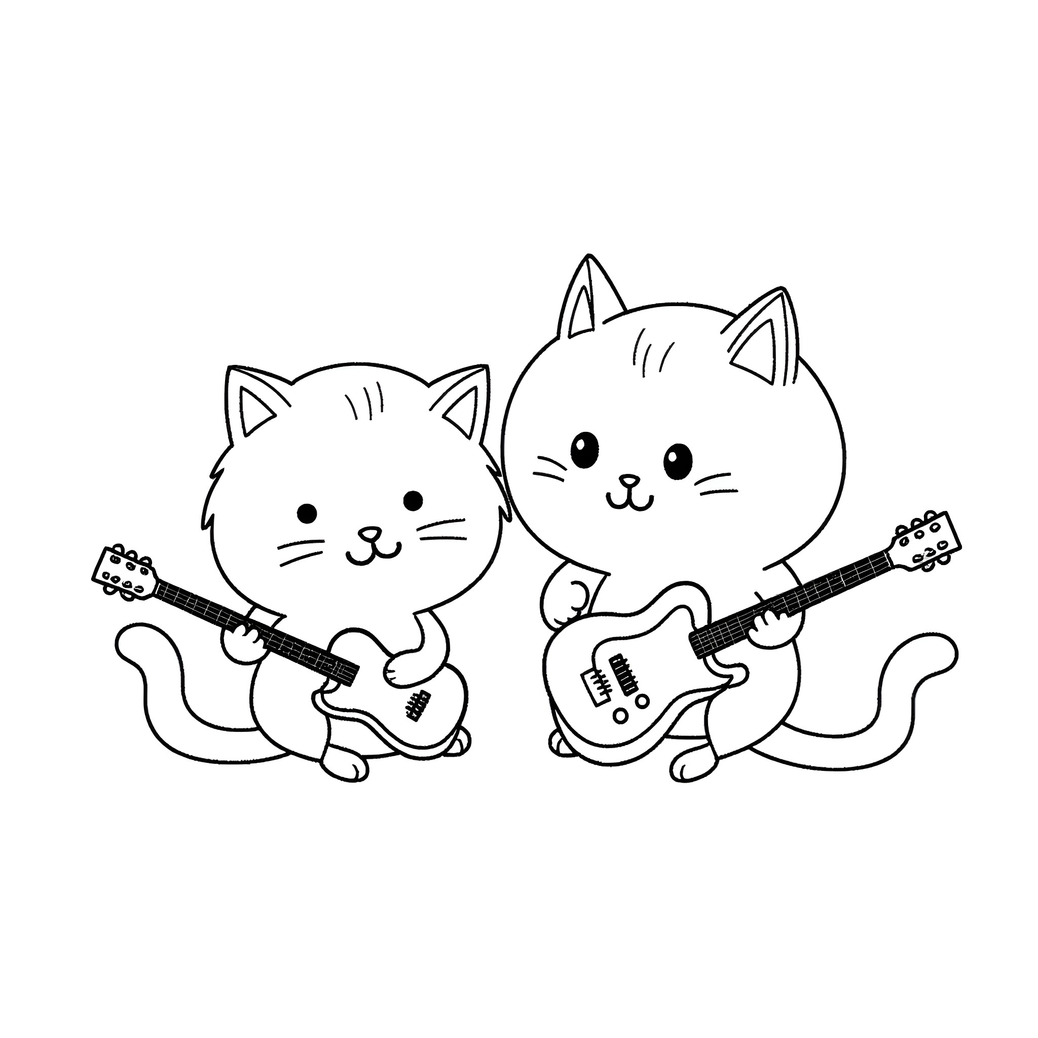 Cats playing guitars in a band Coloring Page (free black-and-white line drawing printable PDF for all, from beginners to advanced learners, including children, teens, adults, and seniors)