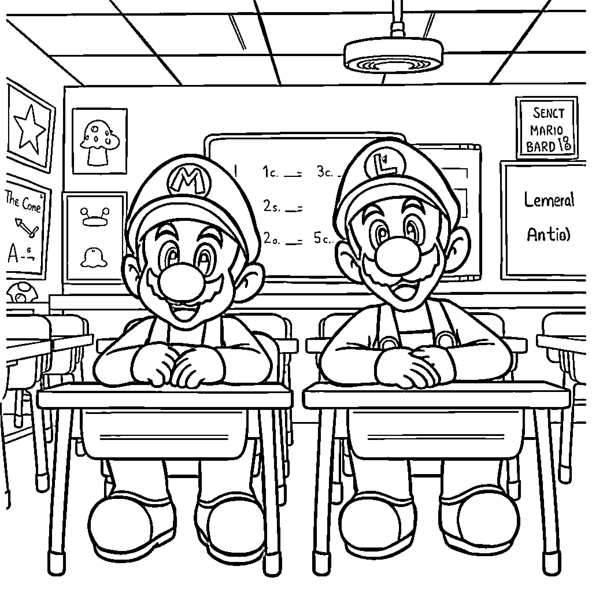 Mario and Luigi in a Classroom Setting Coloring Page (free black-and-white line drawing printable PDF for all, from beginners to advanced learners, including children, teens, adults, and seniors)