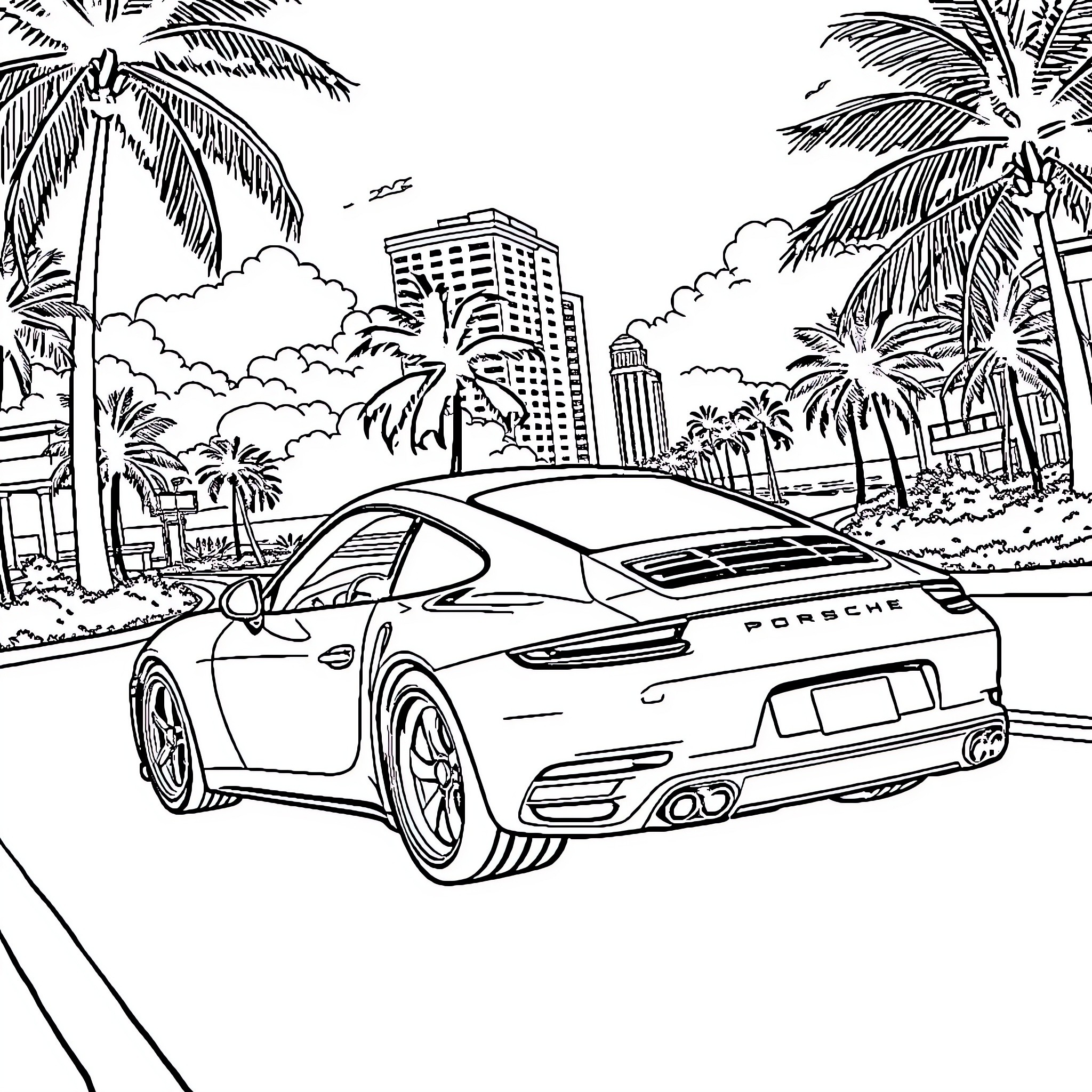Porsche sports car cruising through tropical city Coloring Page (free black-and-white line drawing printable PDF for all, from beginners to advanced learners, including children, teens, adults, and seniors)