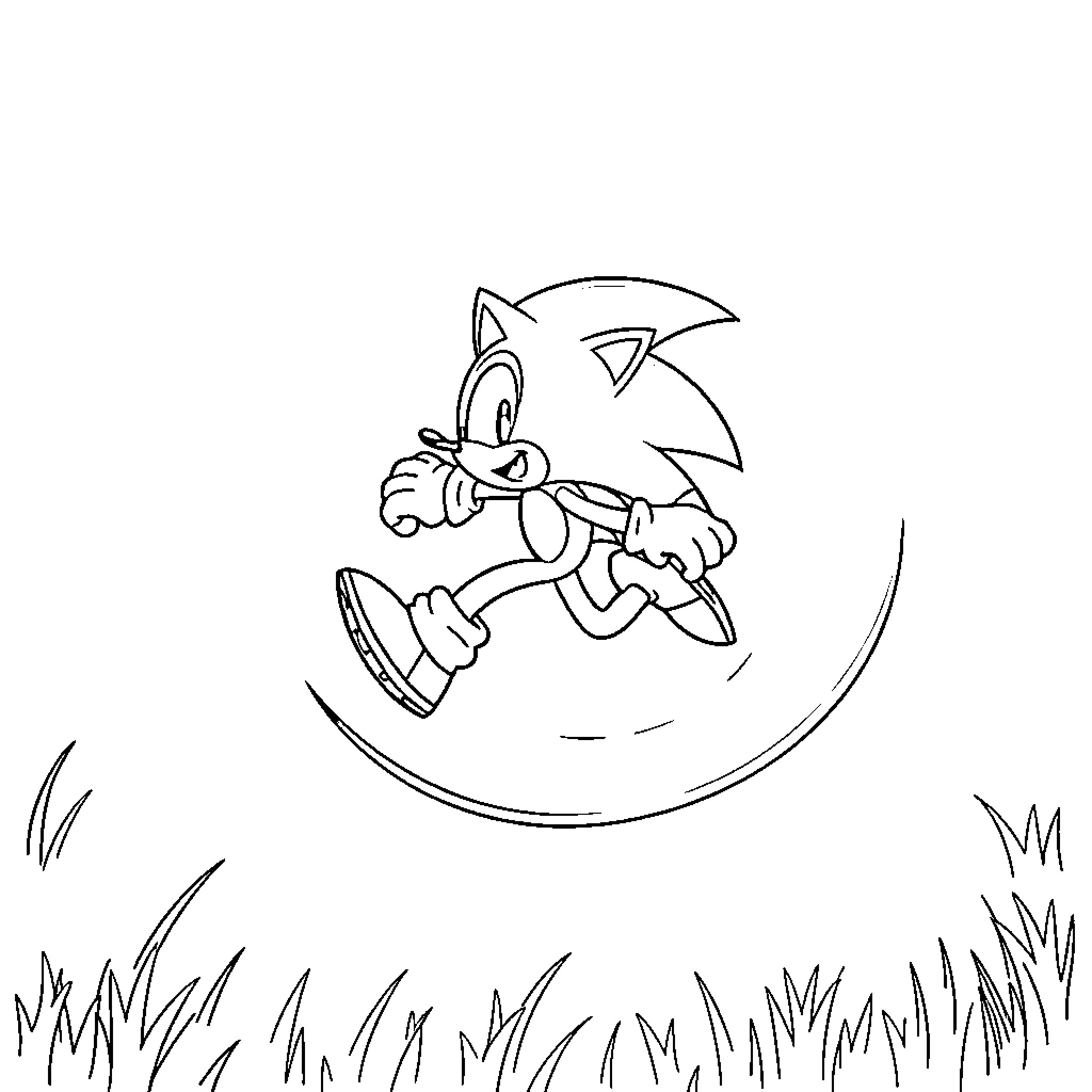Sonic running energetically across the field Coloring Page (free black-and-white line drawing printable PDF for all, from beginners to advanced learners, including children, teens, adults, and seniors)
