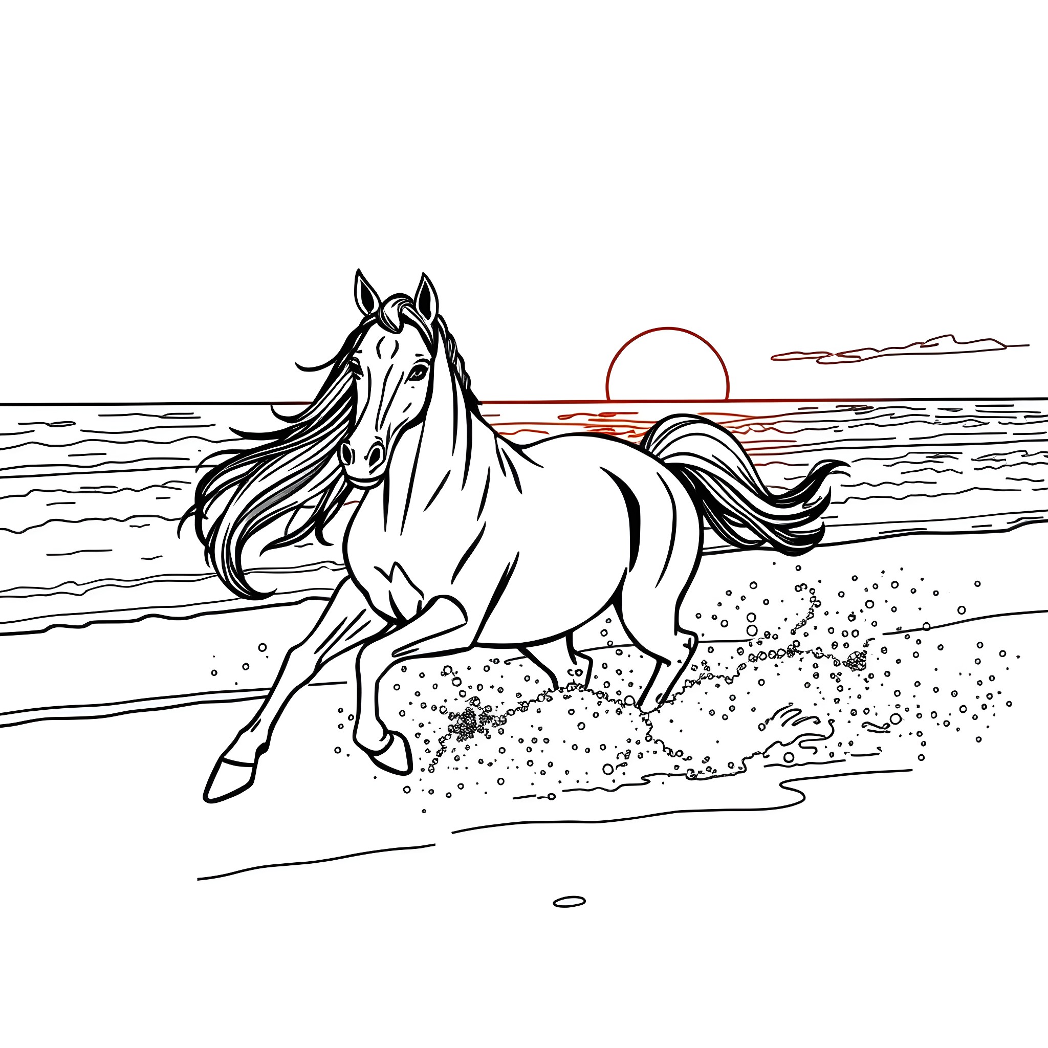 Horse galloping on the beach at sunset Coloring Page (free black-and-white line drawing printable PDF for all, from beginners to advanced learners, including children, teens, adults, and seniors)
