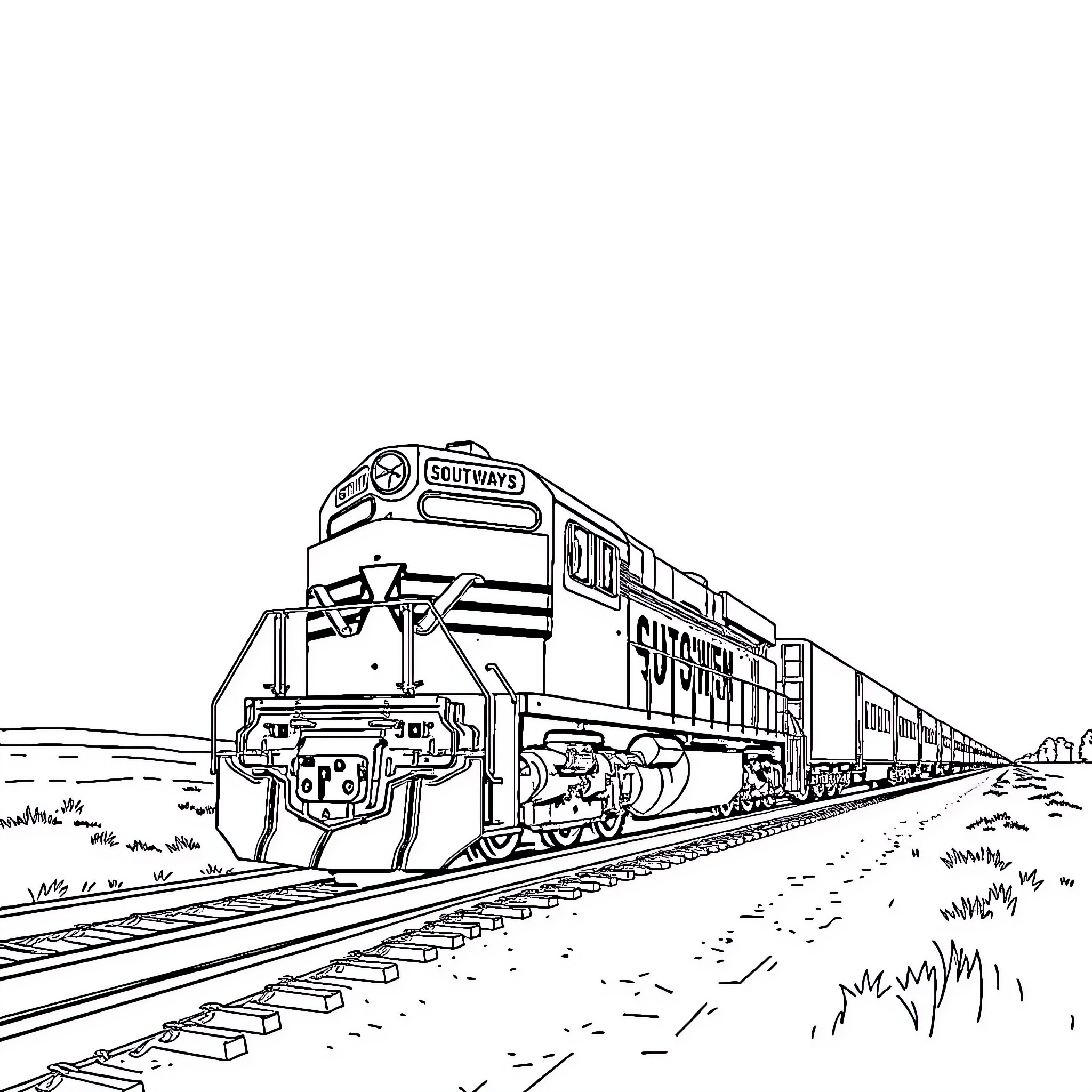 Train traveling on tracks through countryside landscape Coloring Page (free black-and-white line drawing printable PDF for all, from beginners to advanced learners, including children, teens, adults, and seniors)
