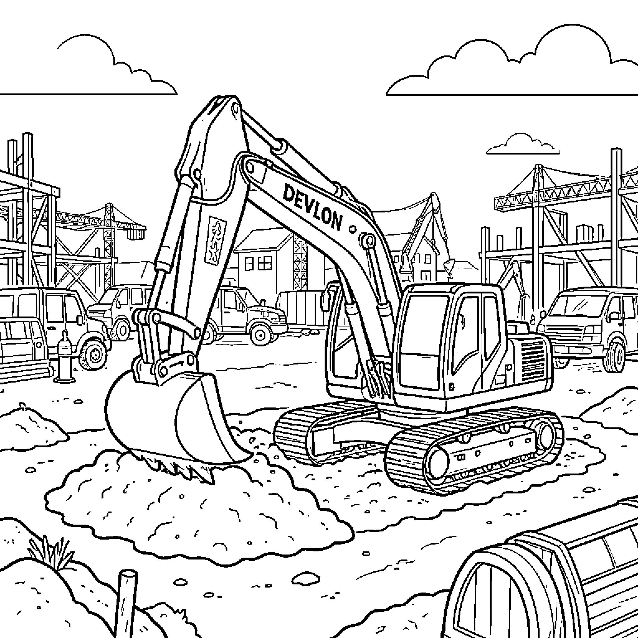 Excavator digging in a busy construction site Coloring Page (free black-and-white line drawing printable PDF for all, from beginners to advanced learners, including children, teens, adults, and seniors)