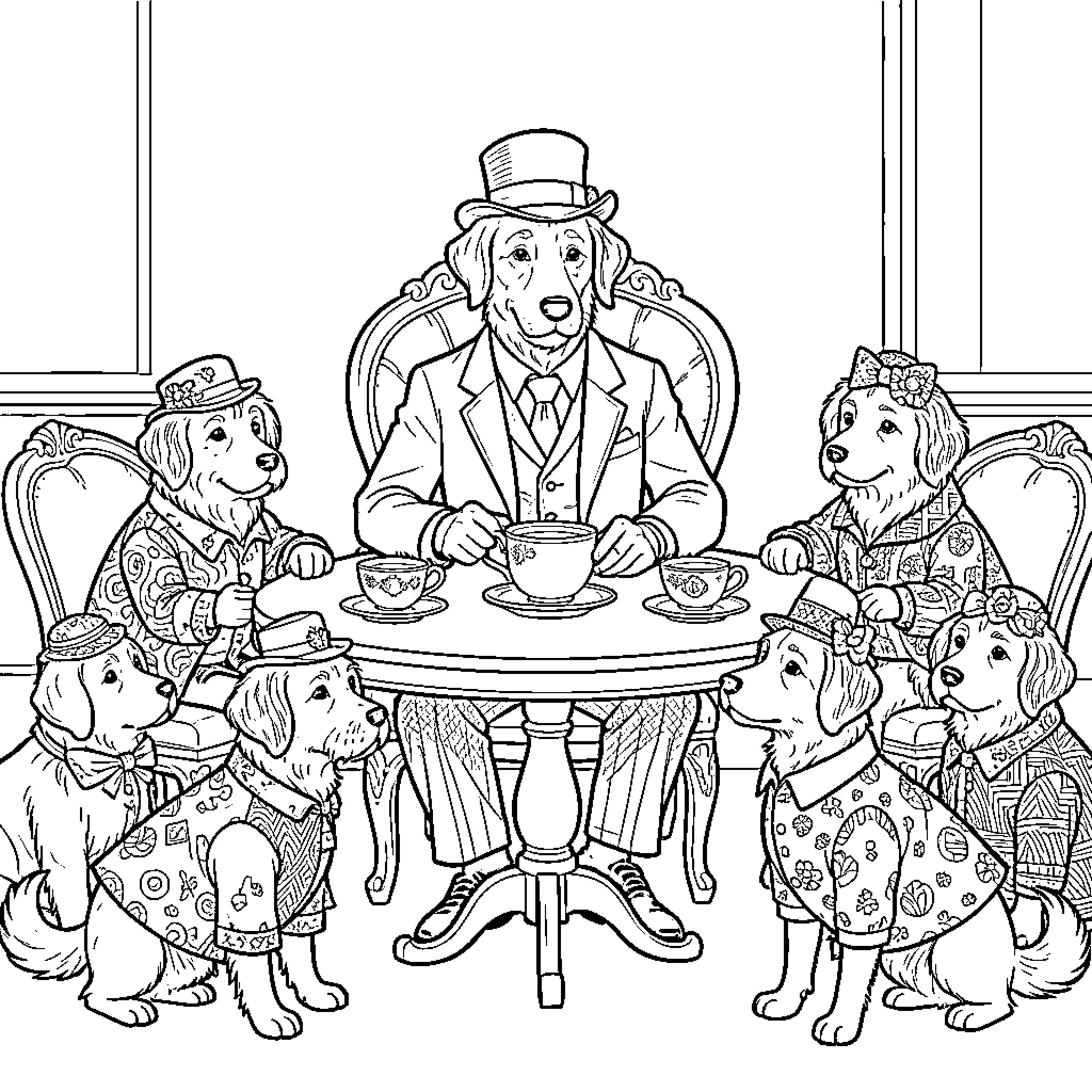 Perro tea party with elegantly dressed companions Coloring Page (free black-and-white line drawing printable PDF for all, from beginners to advanced learners, including children, teens, adults, and seniors)