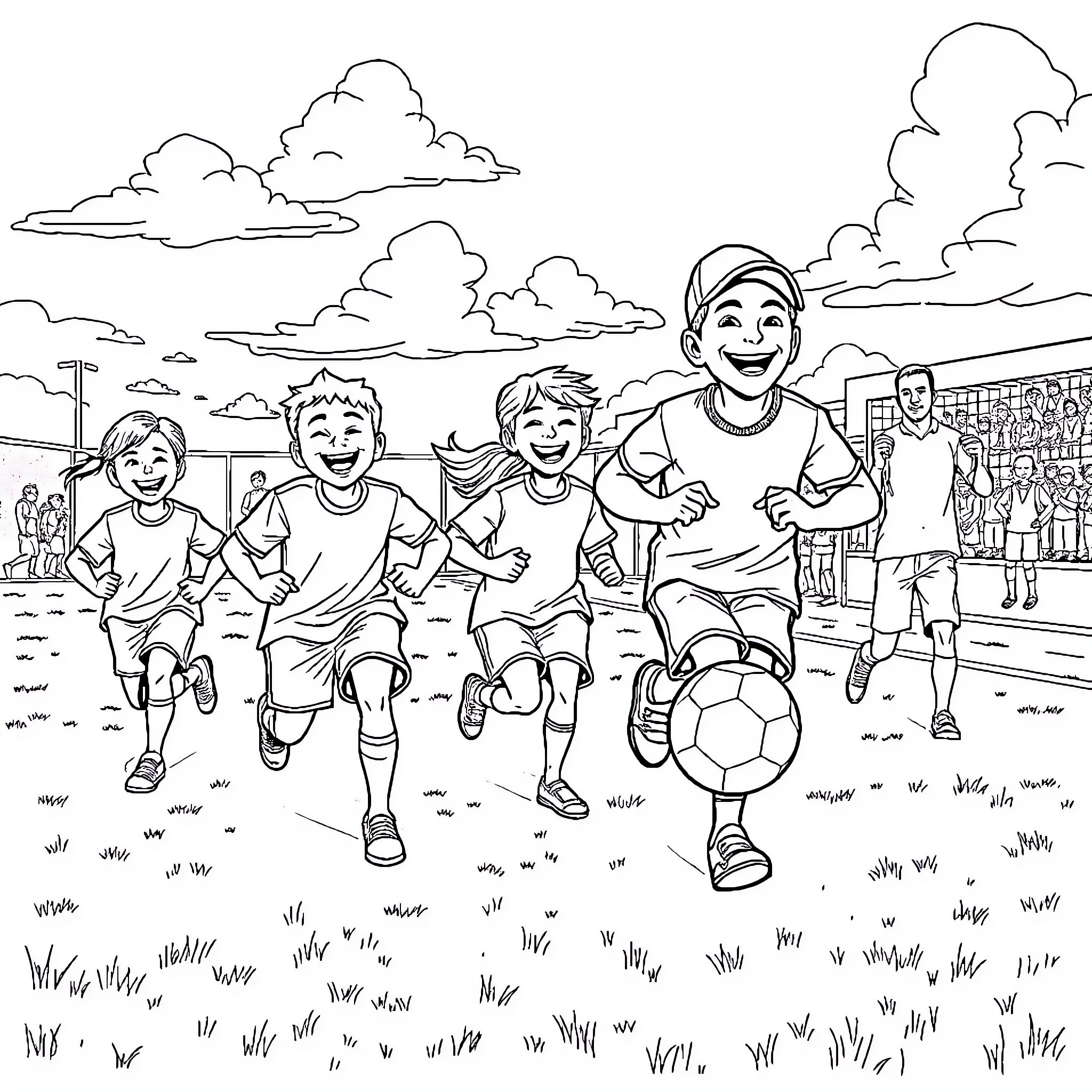 Kid's joyful soccer game on the field Coloring Page (free black-and-white line drawing printable PDF for all, from beginners to advanced learners, including children, teens, adults, and seniors)
