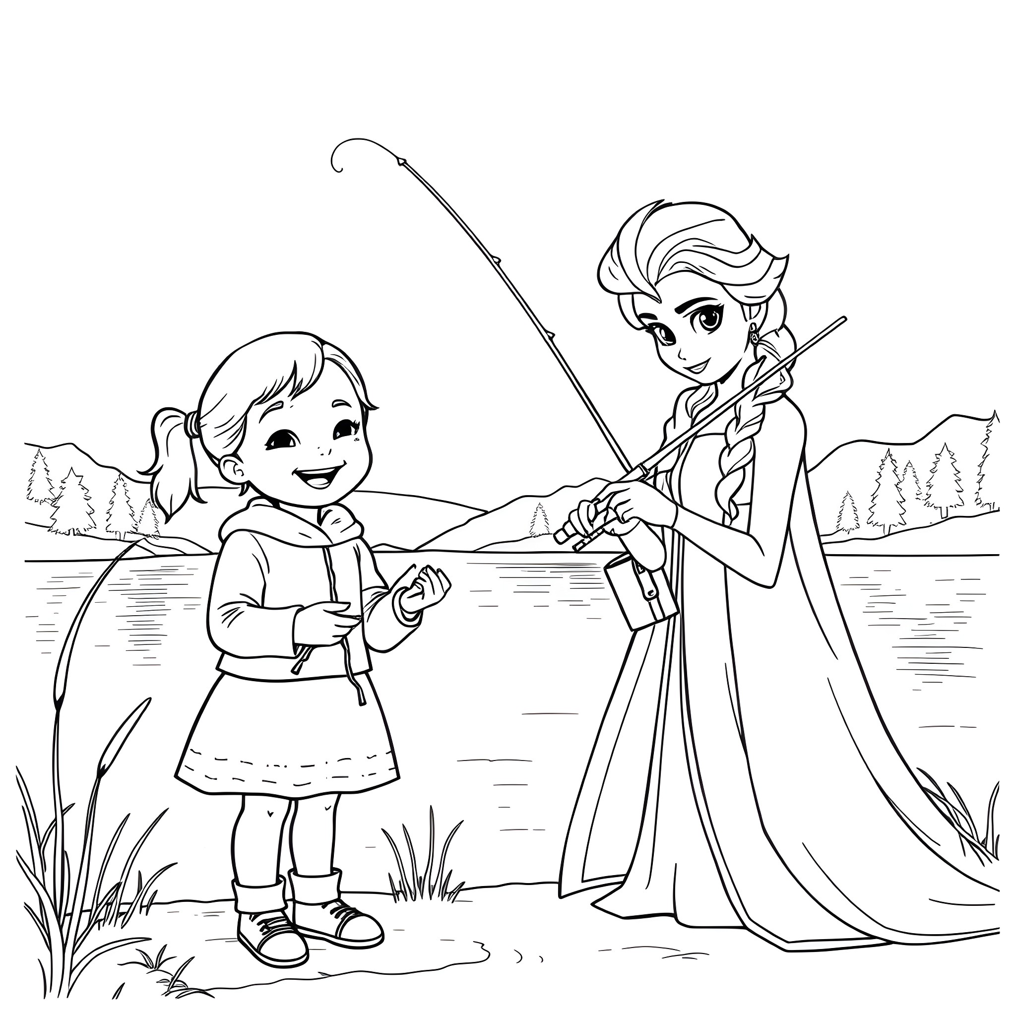 Girl and Snow Queen fishing together in nature Coloring Page (free black-and-white line drawing printable PDF for all, from beginners to advanced learners, including children, teens, adults, and seniors)