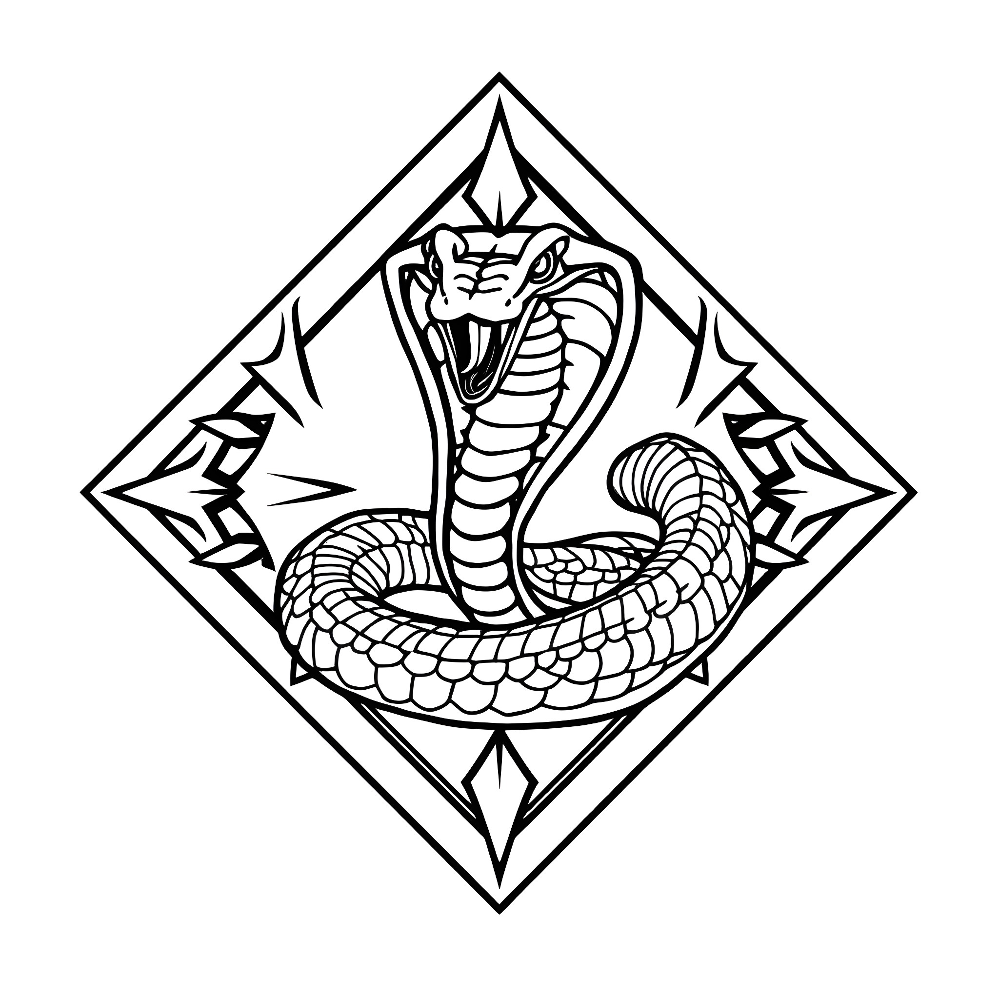 Cobra coiling in intricate geometric frame Coloring Page (free black-and-white line drawing printable PDF for all, from beginners to advanced learners, including children, teens, adults, and seniors)
