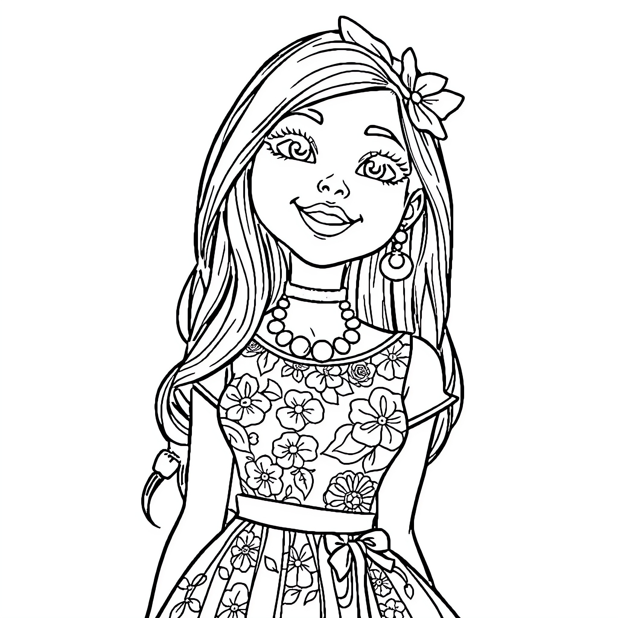 Girl with floral dress and happy expression Coloring Page (free black-and-white line drawing printable PDF for all, from beginners to advanced learners, including children, teens, adults, and seniors)