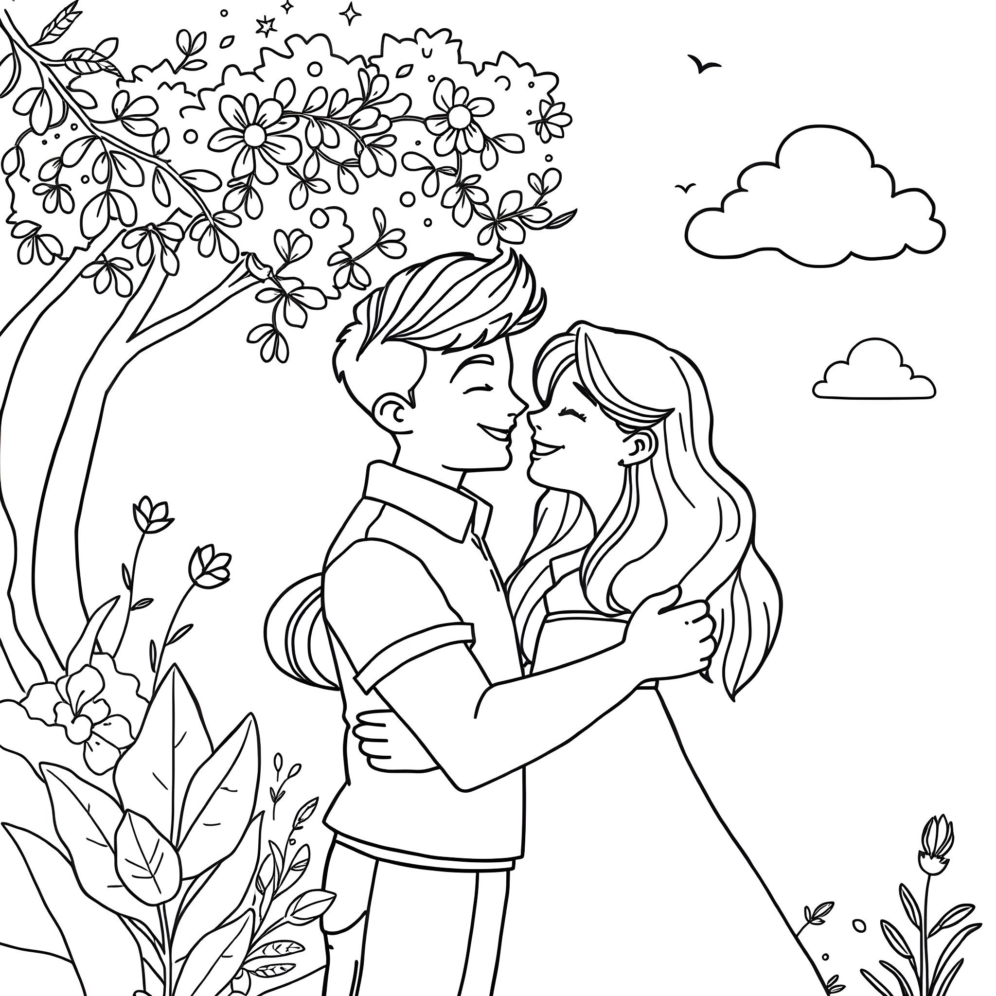 Couple embracing lovingly in a flowery garden Coloring Page (free black-and-white line drawing printable PDF for all, from beginners to advanced learners, including children, teens, adults, and seniors)