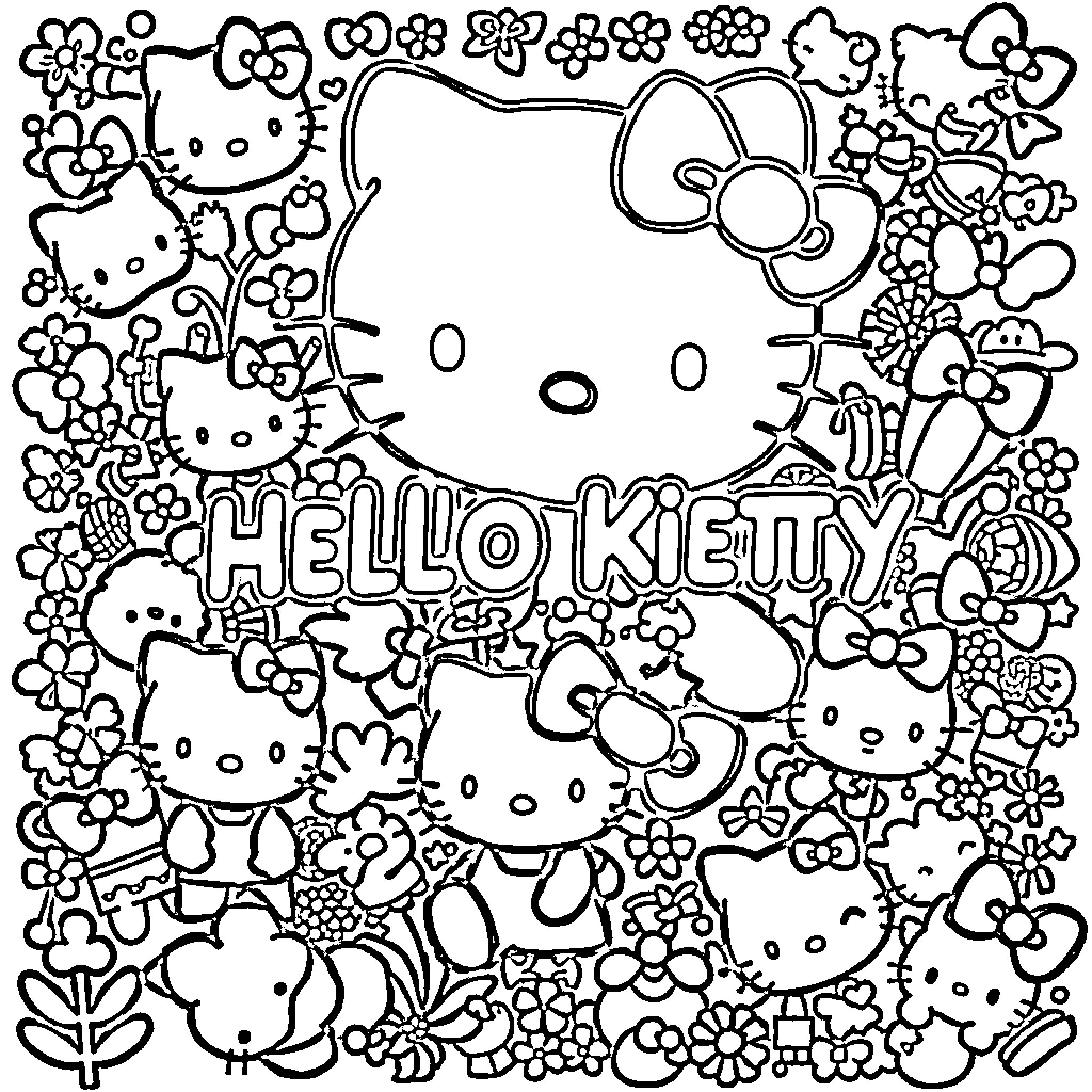Hello Kitty among flowers and patterns Coloring Page (free black-and-white line drawing printable PDF for all, from beginners to advanced learners, including children, teens, adults, and seniors)