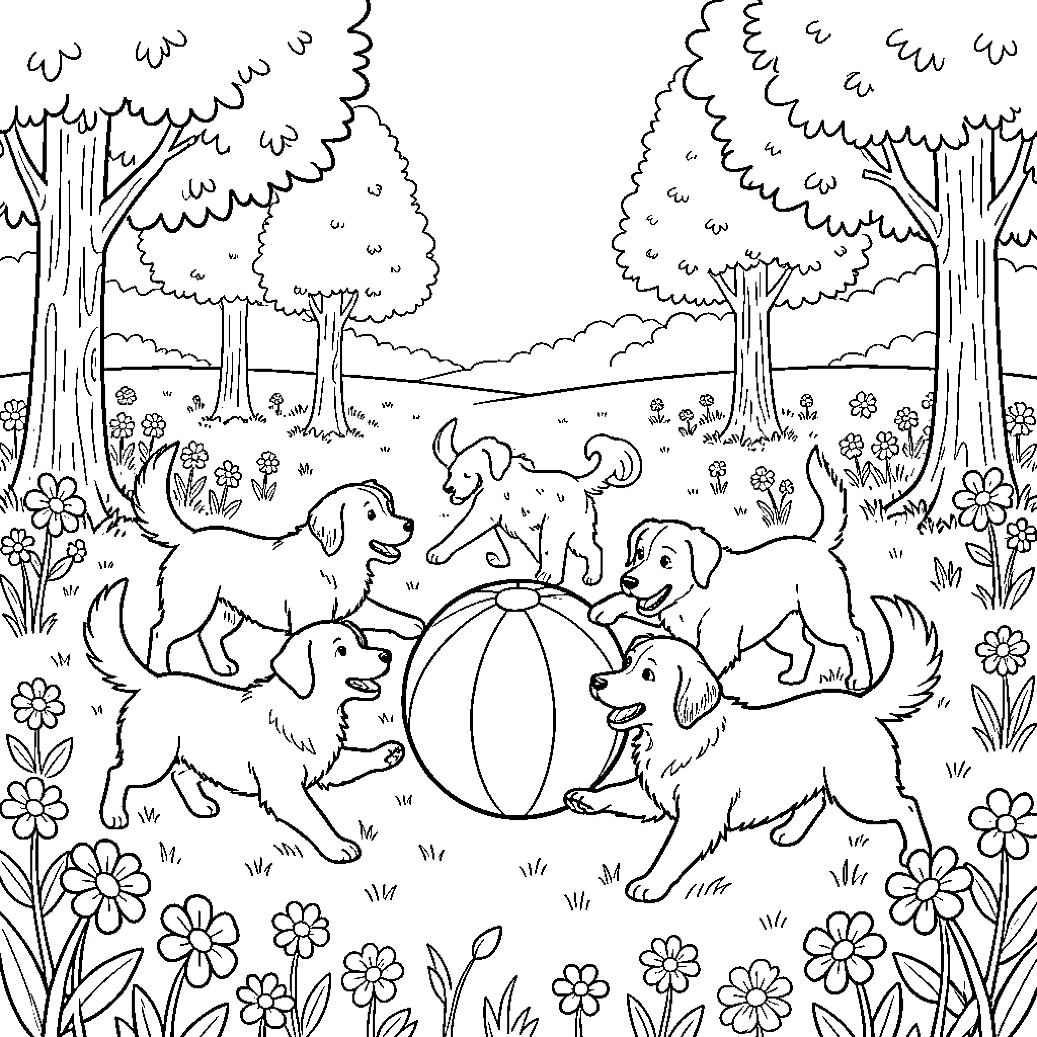 Dog puppies playing together with a large ball Coloring Page (free black-and-white line drawing printable PDF for all, from beginners to advanced learners, including children, teens, adults, and seniors)