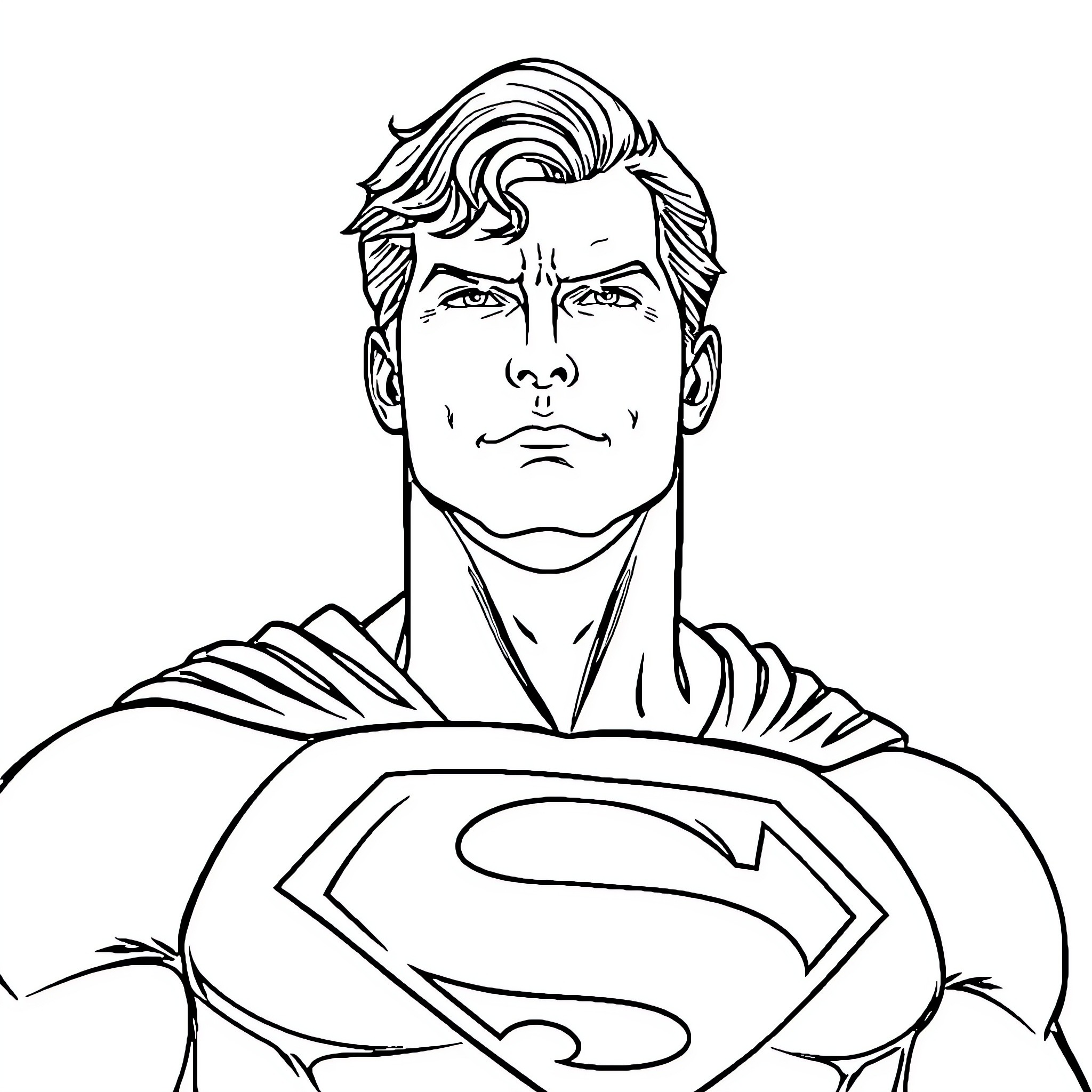 Superman's heroic stance and determined expression Coloring Page (free black-and-white line drawing printable PDF for all, from beginners to advanced learners, including children, teens, adults, and seniors)