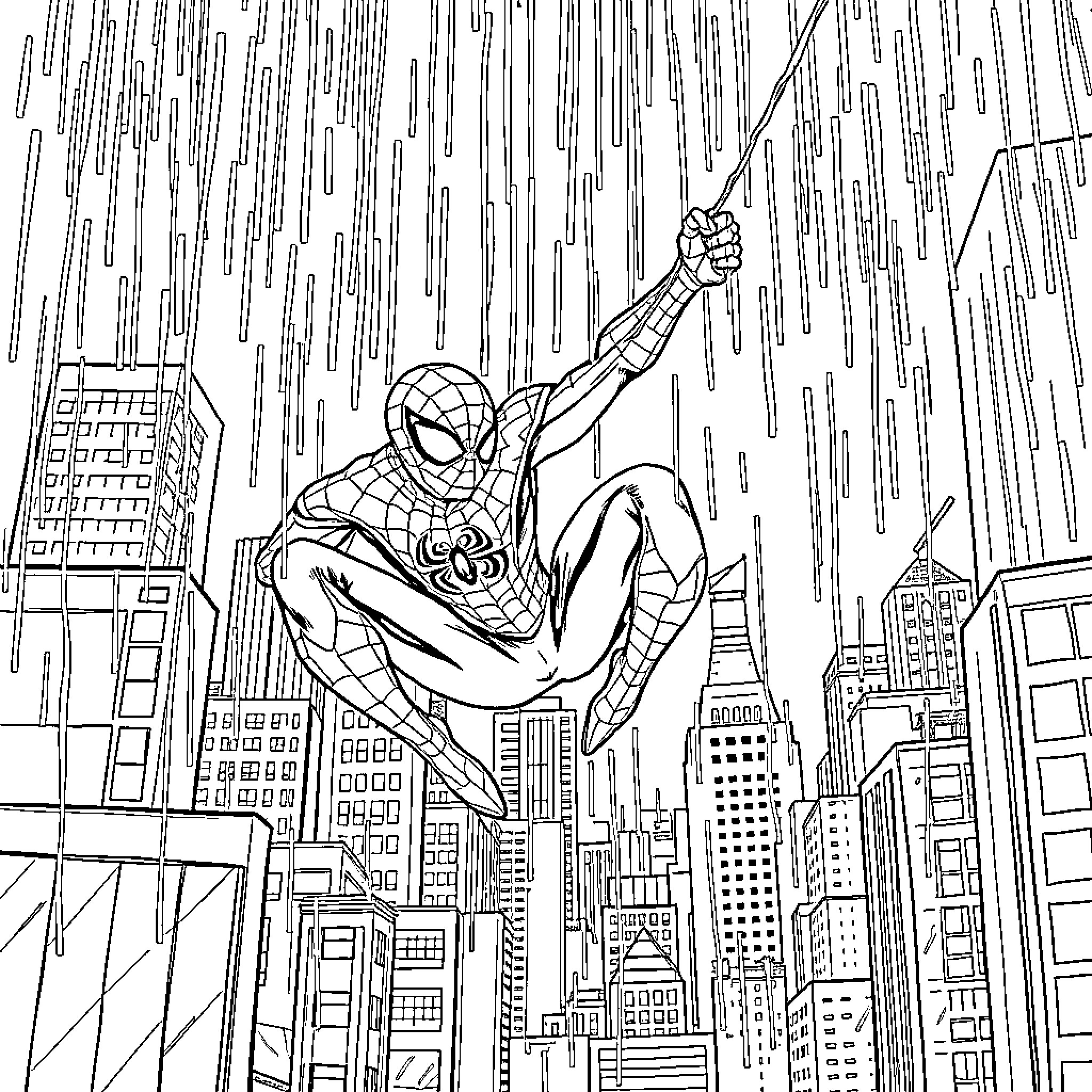 Spiderman swinging through the city skyline Coloring Page (free black-and-white line drawing printable PDF for all, from beginners to advanced learners, including children, teens, adults, and seniors)