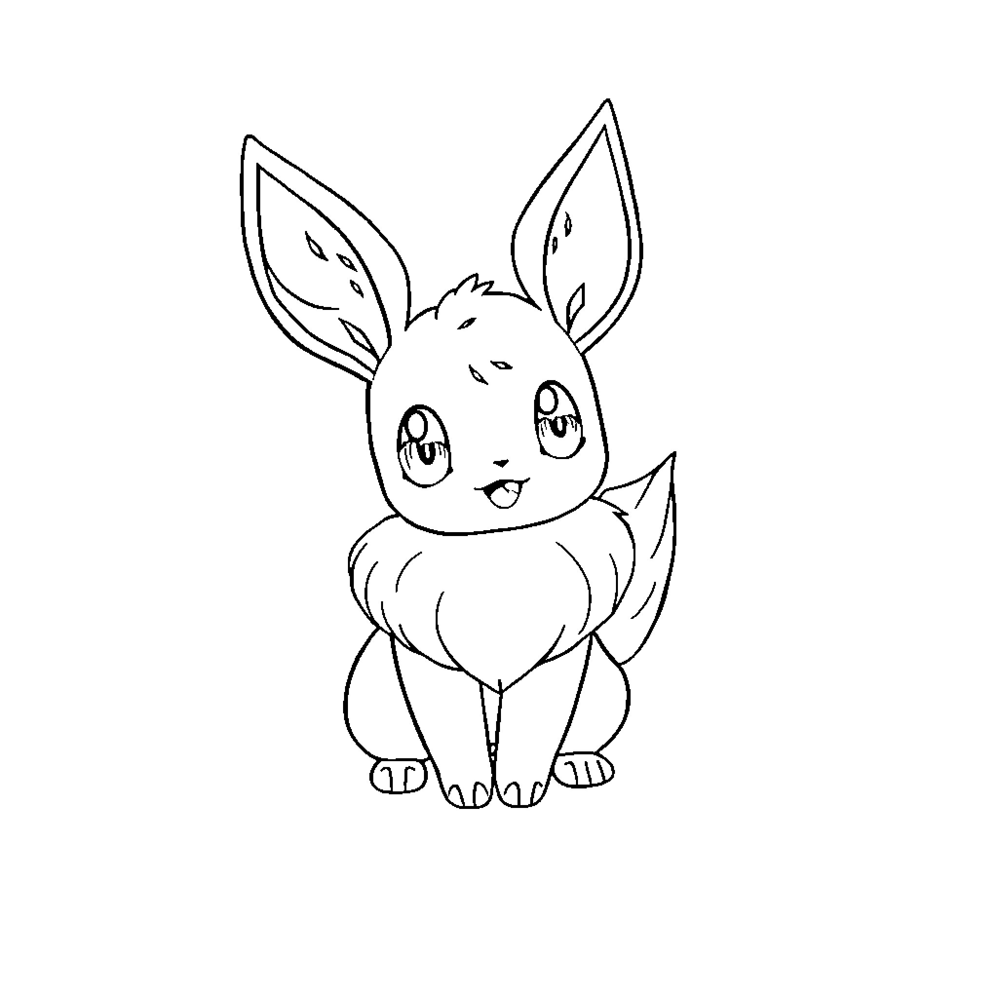 Eevee cheerfully sitting Coloring Page (free black-and-white line drawing printable PDF for all, from beginners to advanced learners, including children, teens, adults, and seniors)