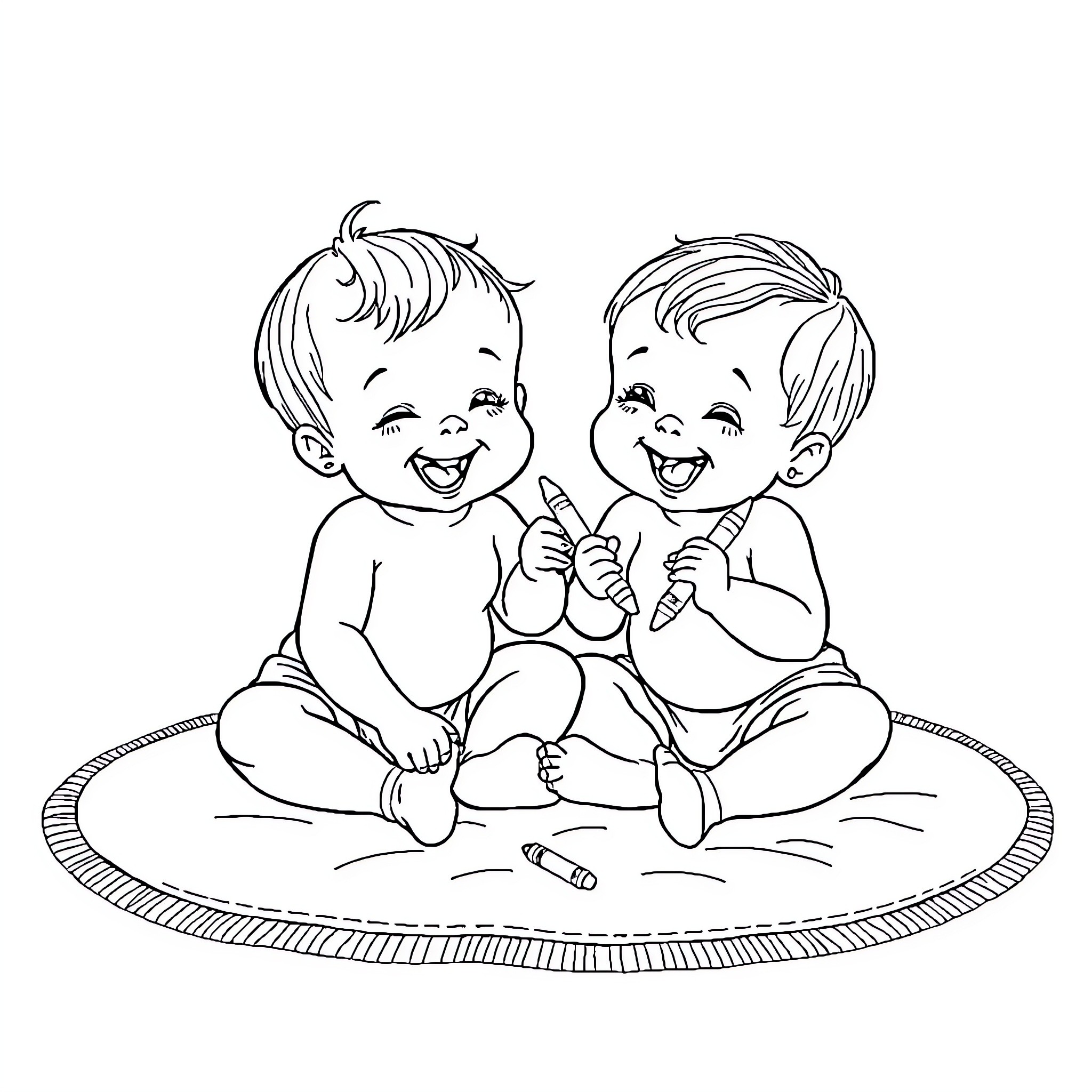 Bebe twins sharing joyful moment together Coloring Page (free black-and-white line drawing printable PDF for all, from beginners to advanced learners, including children, teens, adults, and seniors)