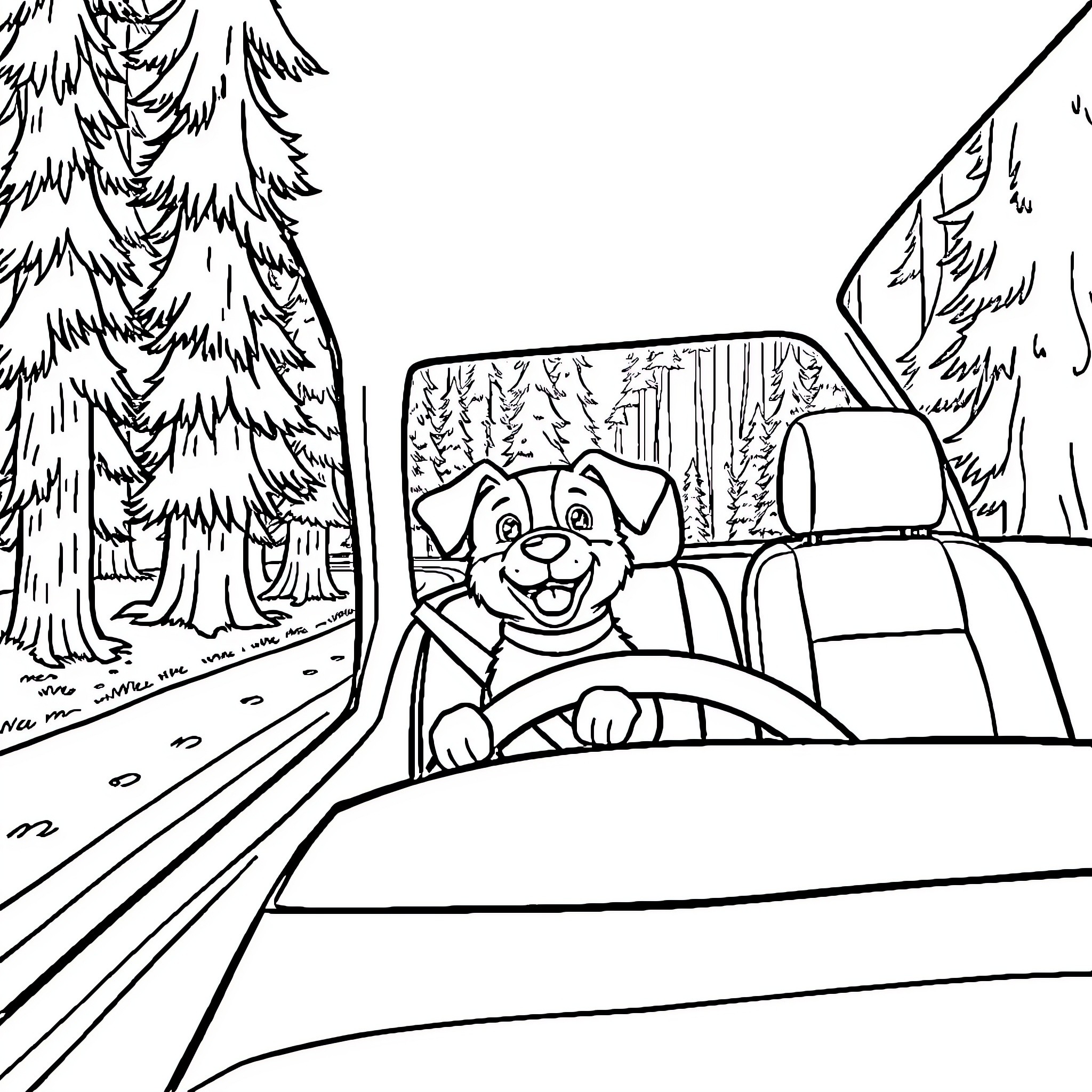 Dog happily driving through the forest Coloring Page (free black-and-white line drawing printable PDF for all, from beginners to advanced learners, including children, teens, adults, and seniors)