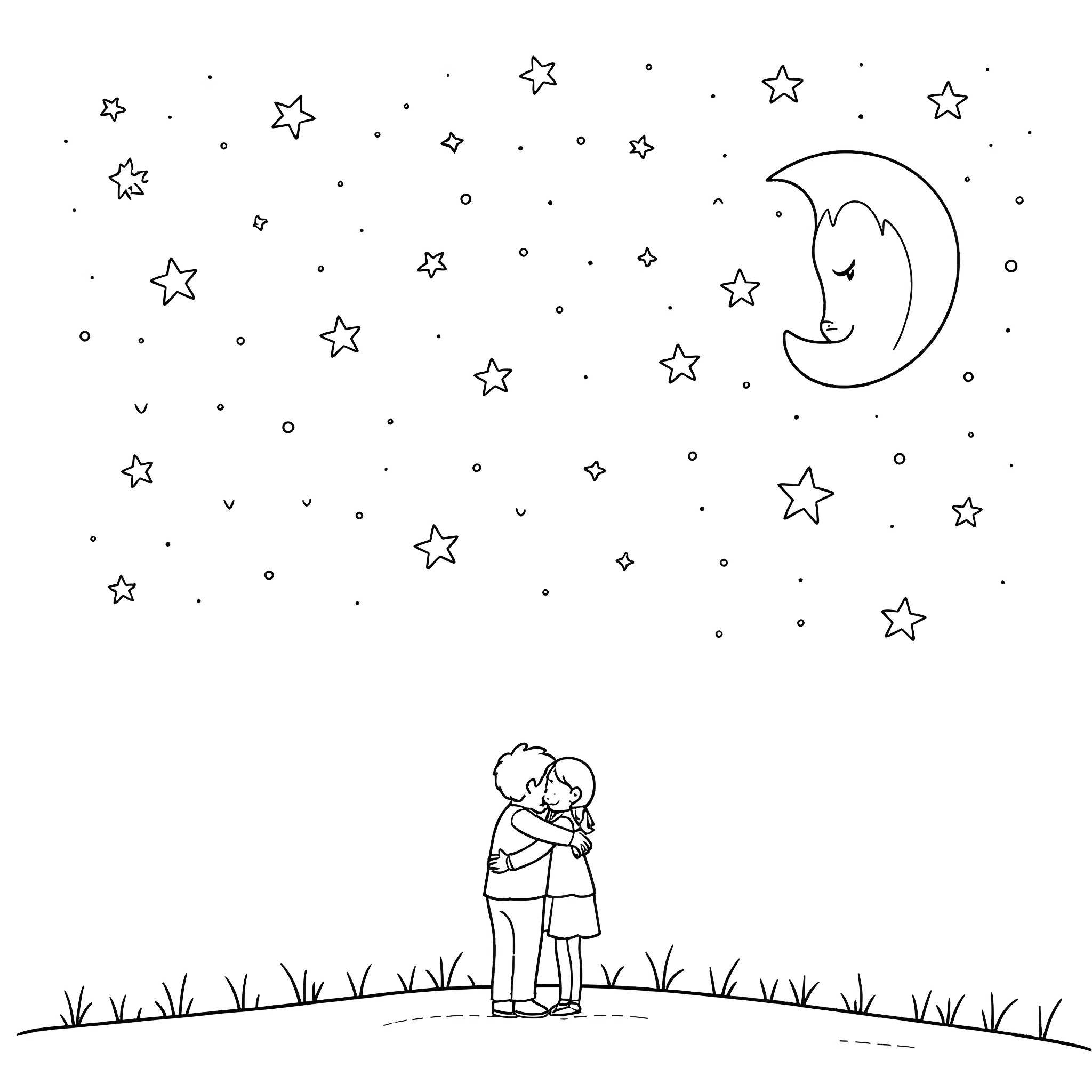 Moon and stars with a couple under the night sky Coloring Page (free black-and-white line drawing printable PDF for all, from beginners to advanced learners, including children, teens, adults, and seniors)