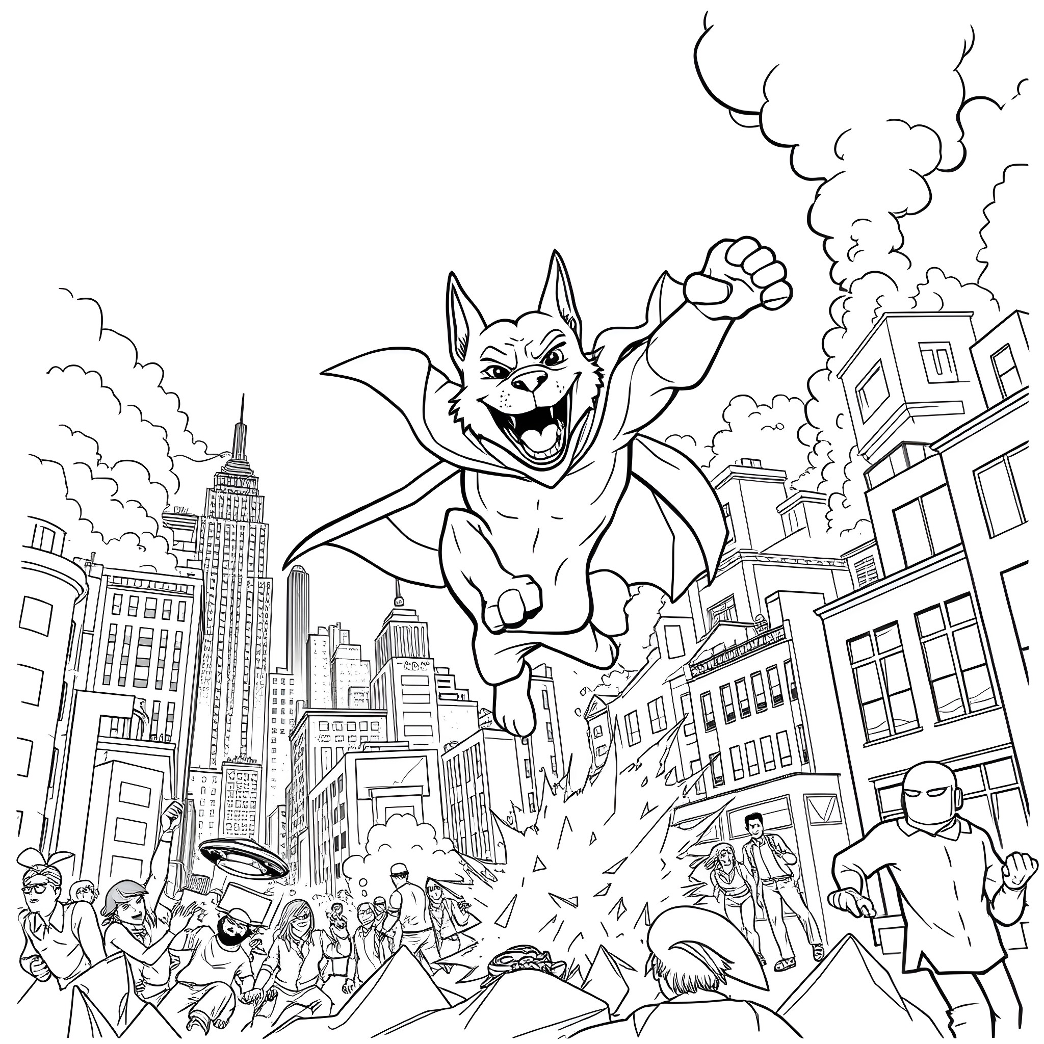 Dogman rescuing civilians from a cityscape disaster Coloring Page (free black-and-white line drawing printable PDF for all, from beginners to advanced learners, including children, teens, adults, and seniors)