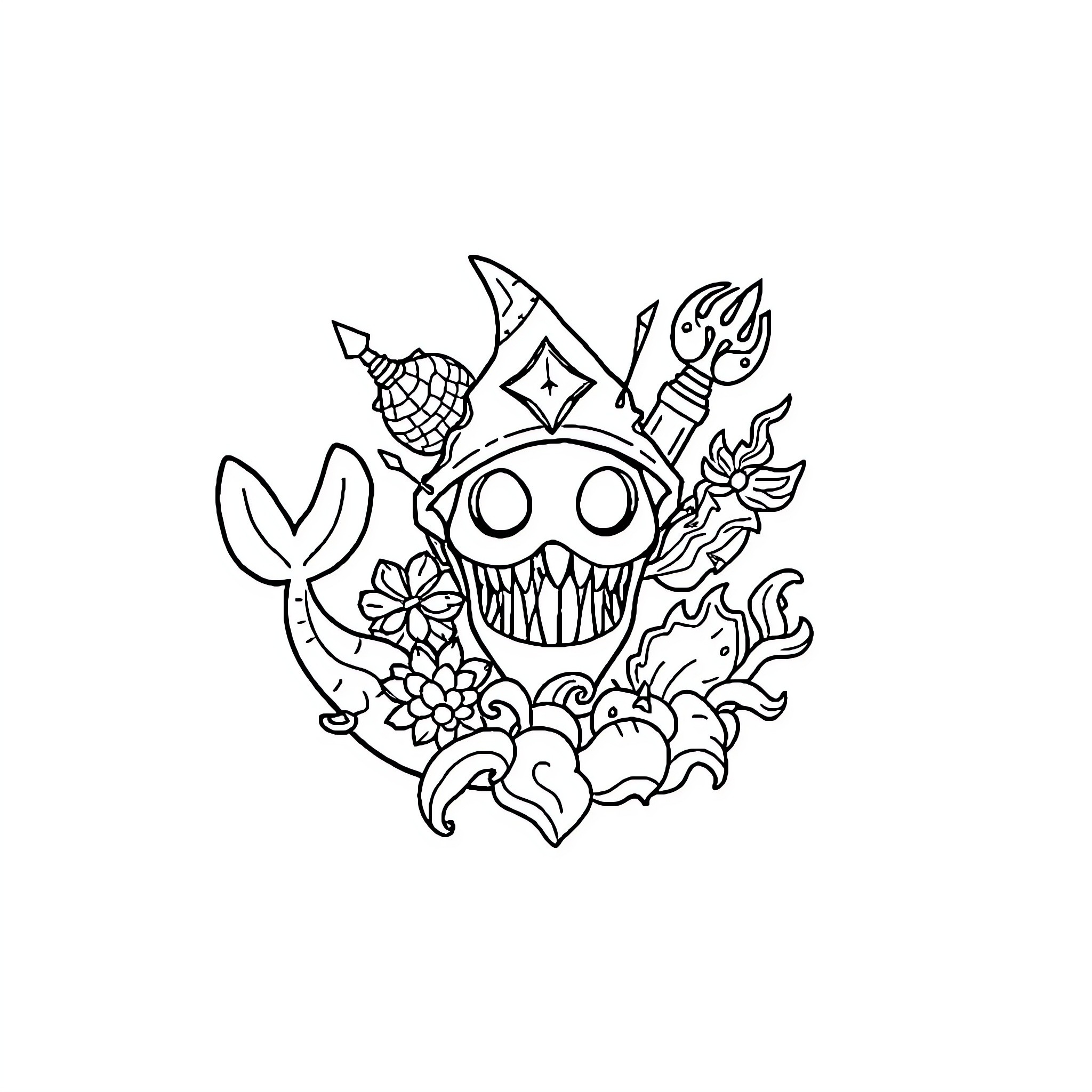 Logo of smiling monster surrounded by floral elements Coloring Page (free black-and-white line drawing printable PDF for all, from beginners to advanced learners, including children, teens, adults, and seniors)