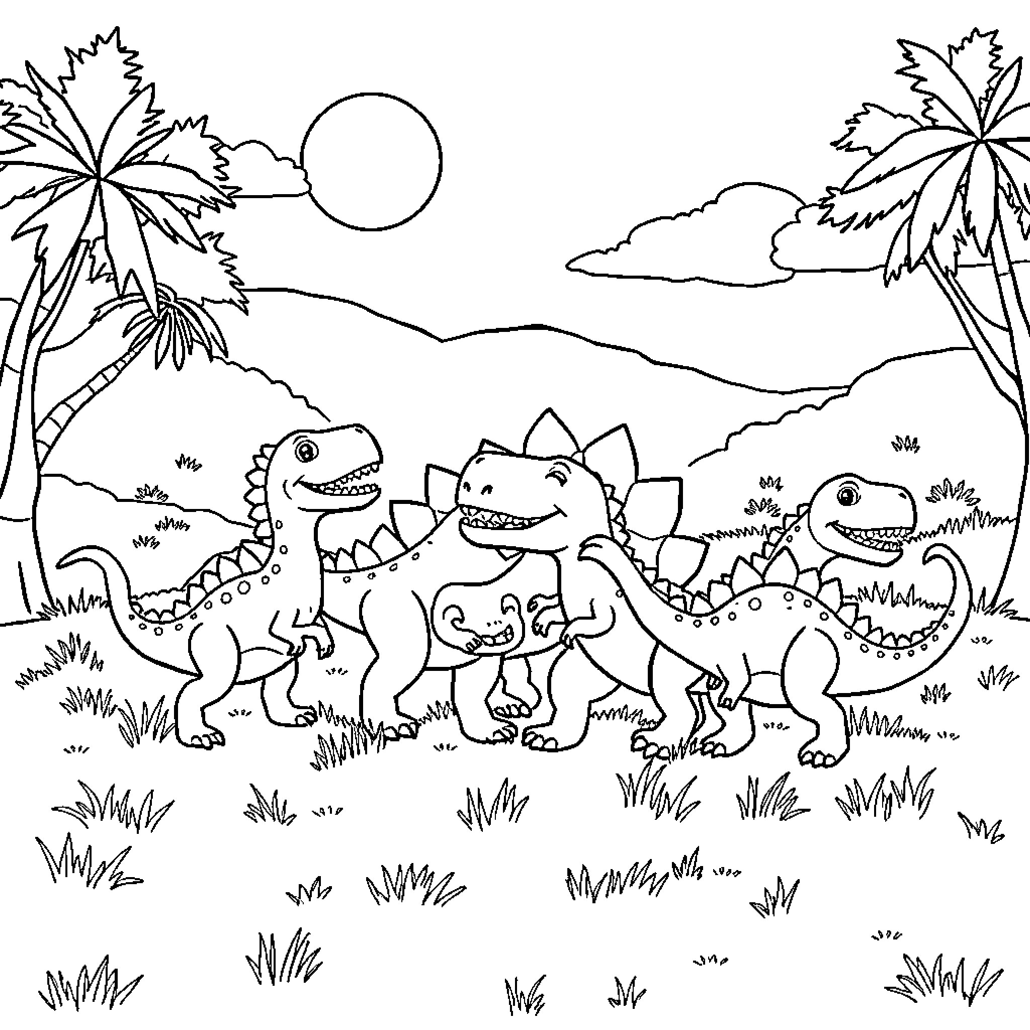 Dino Dinosaurs Happily Playing in Tropical Landscape Coloring Page (free black-and-white line drawing printable PDF for all, from beginners to advanced learners, including children, teens, adults, and seniors)