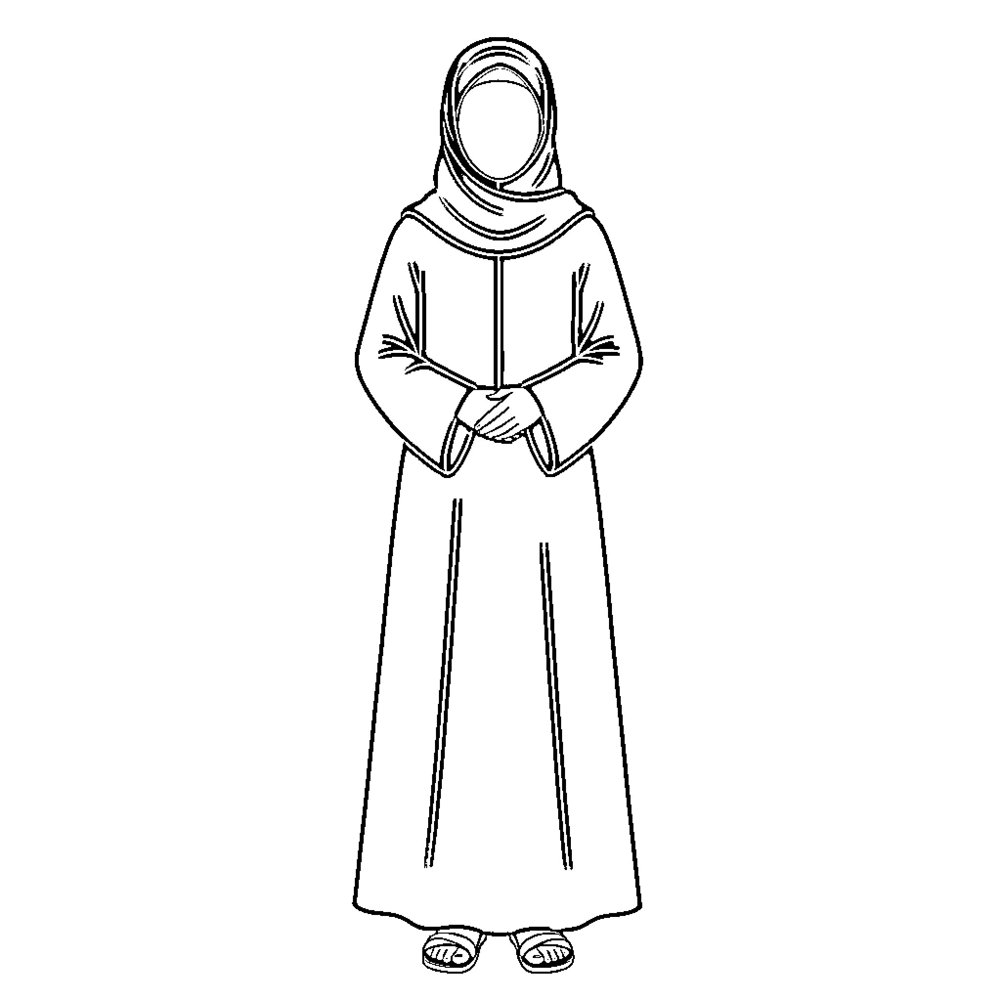 Emirati Woman standing gracefully in traditional attire Coloring Page (free black-and-white line drawing printable PDF for all, from beginners to advanced learners, including children, teens, adults, and seniors)