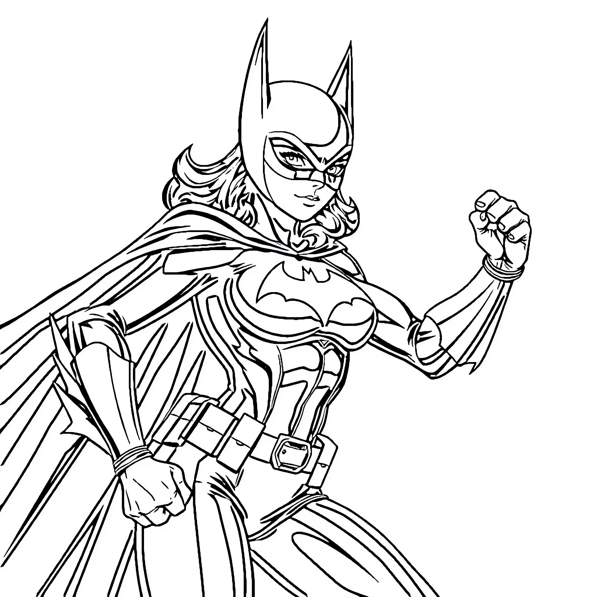 Bat Girl in heroic action pose Coloring Page (free black-and-white line drawing printable PDF for all, from beginners to advanced learners, including children, teens, adults, and seniors)
