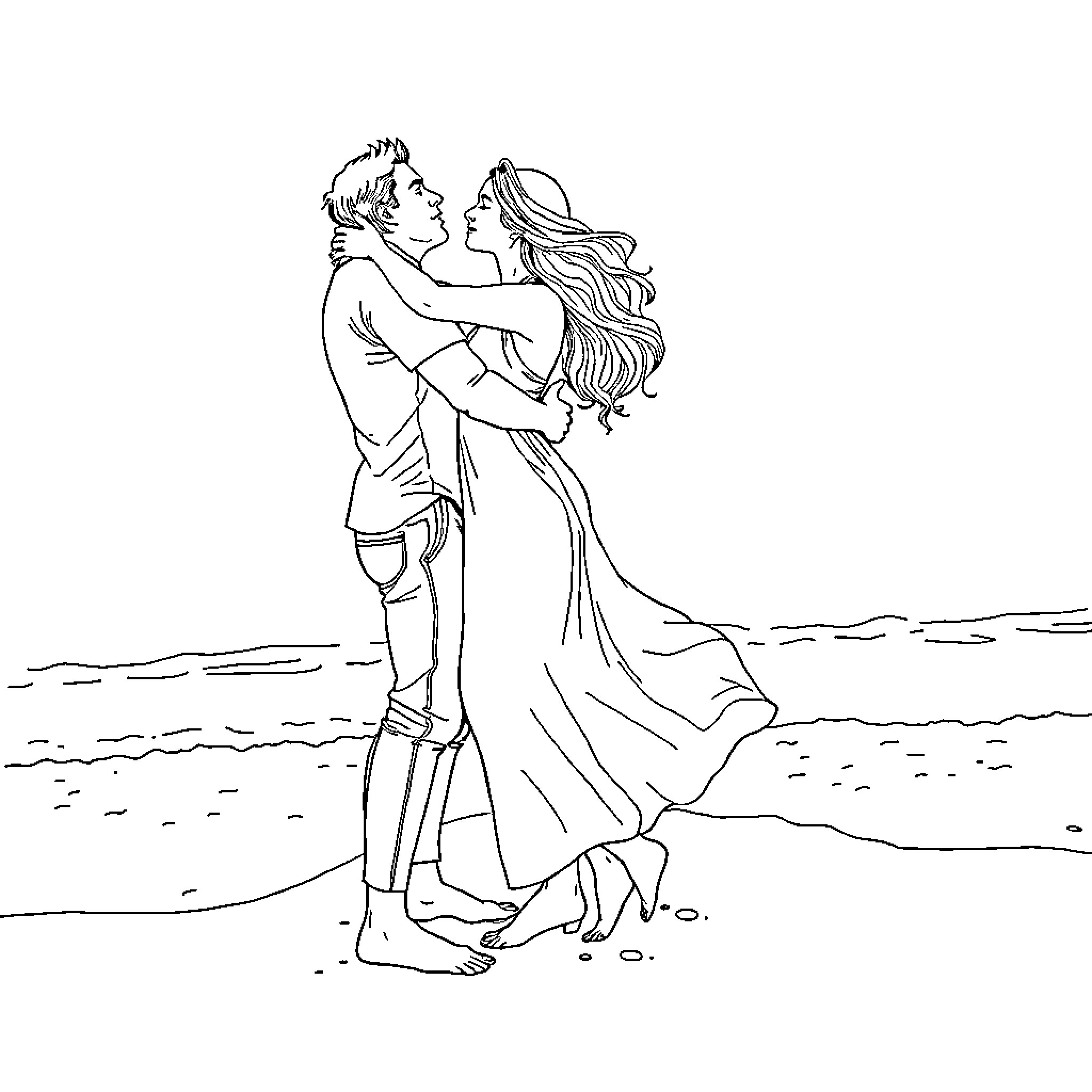 Couple embracing romantically on the beach Coloring Page (free black-and-white line drawing printable PDF for all, from beginners to advanced learners, including children, teens, adults, and seniors)