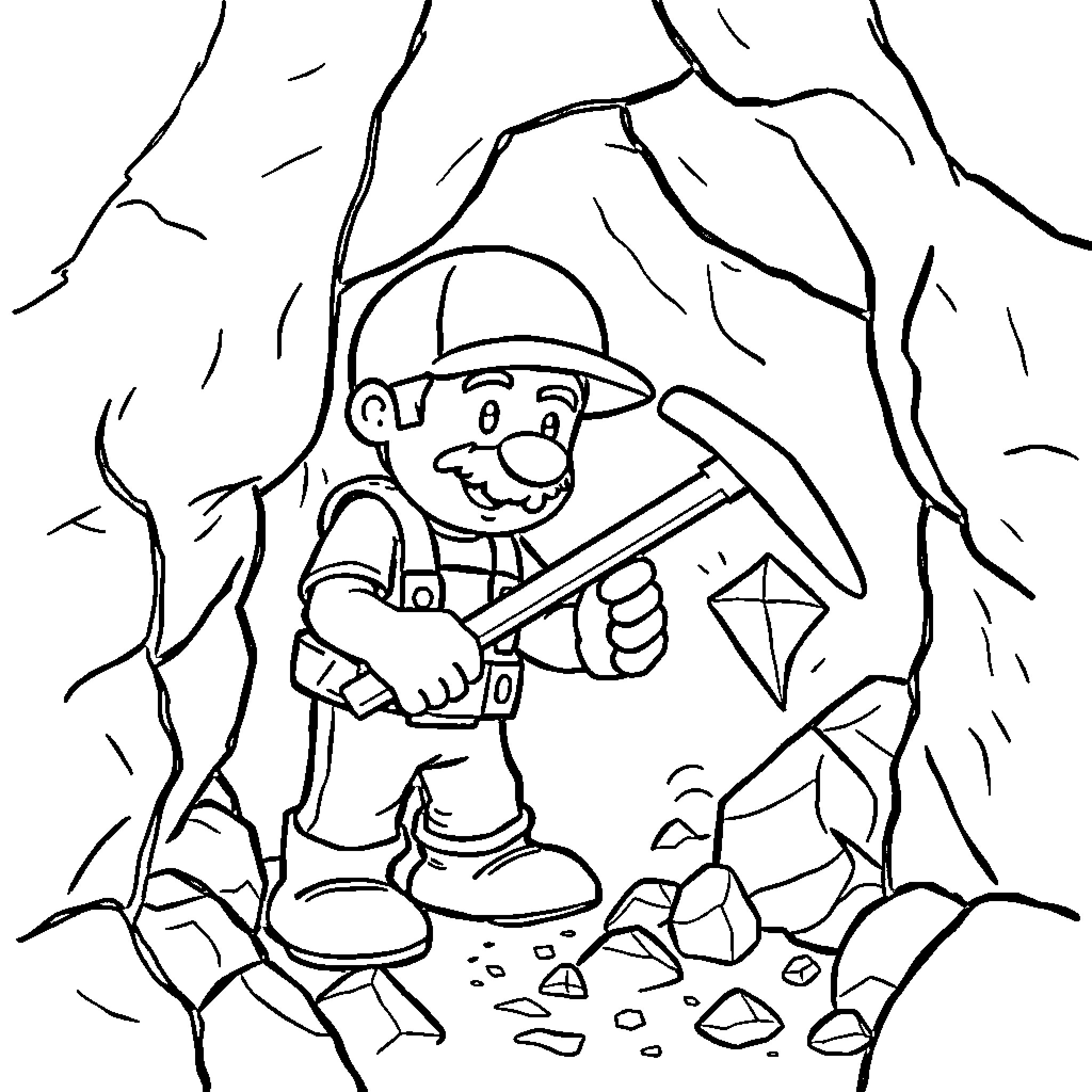 Steve's Mining Adventure Coloring Page (free black-and-white line drawing printable PDF for all, from beginners to advanced learners, including children, teens, adults, and seniors)