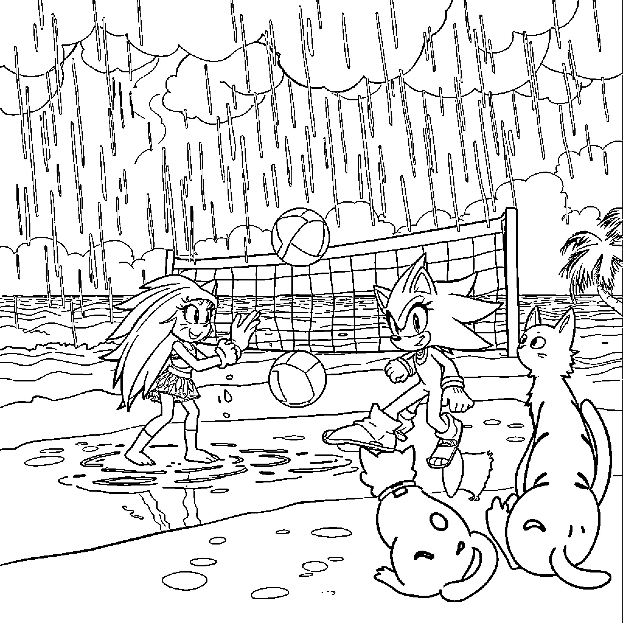 Moana and friends playing volleyball on the beach Coloring Page (free black-and-white line drawing printable PDF for all, from beginners to advanced learners, including children, teens, adults, and seniors)