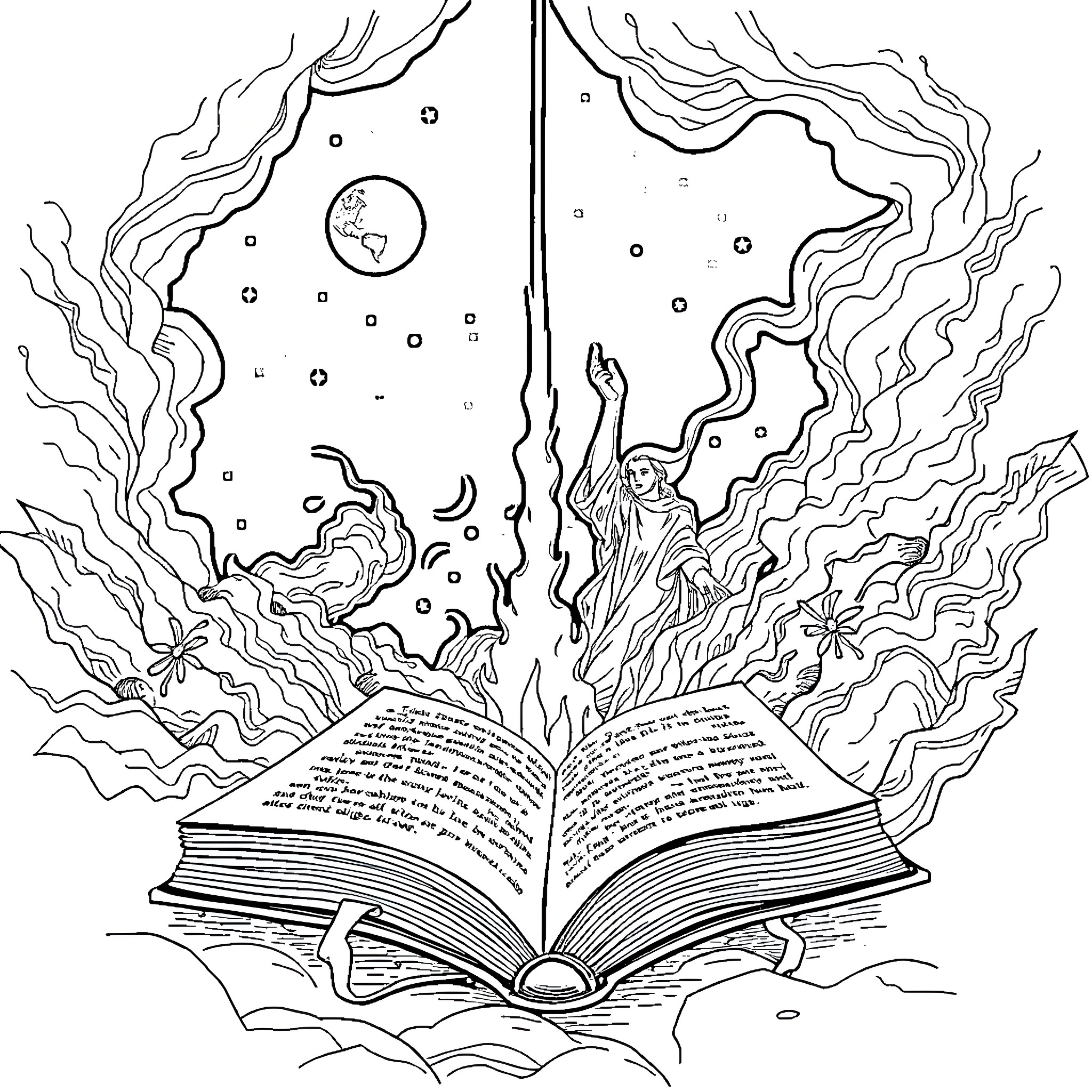 Book of Imagination and Mystery Coloring Page (free black-and-white line drawing printable PDF for all, from beginners to advanced learners, including children, teens, adults, and seniors)