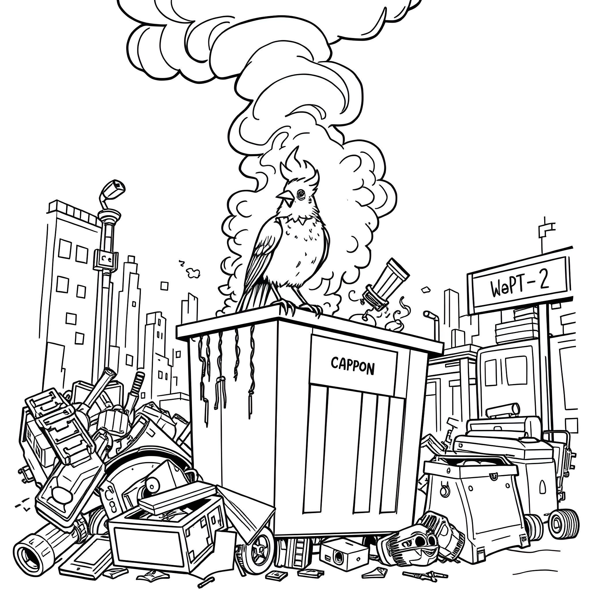 Cuckoo perched atop a chaotic urban scene Coloring Page (free black-and-white line drawing printable PDF for all, from beginners to advanced learners, including children, teens, adults, and seniors)