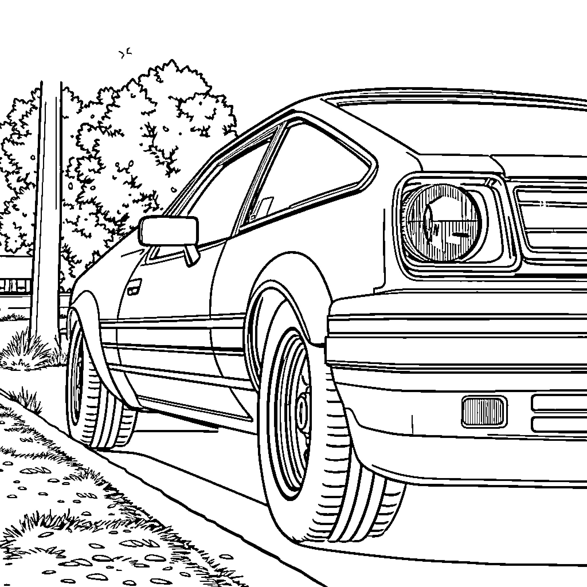 Tire Car Parked by Scenic Landscape Coloring Page (free black-and-white line drawing printable PDF for all, from beginners to advanced learners, including children, teens, adults, and seniors)