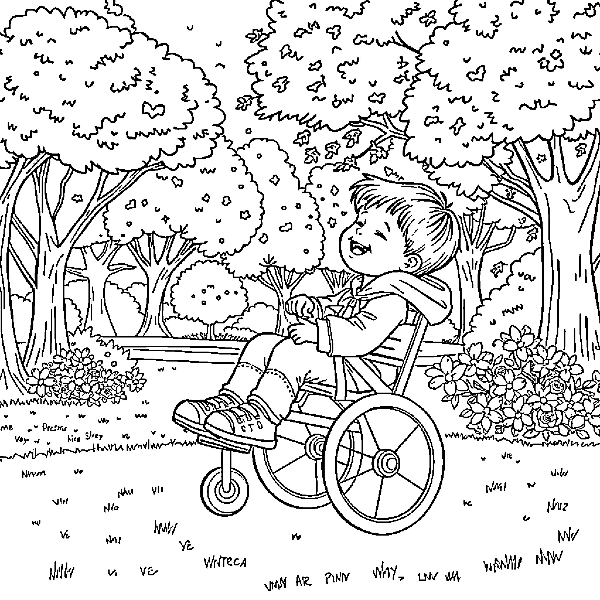 Niño playing in the park on a wheelchair Coloring Page (free black-and-white line drawing printable PDF for all, from beginners to advanced learners, including children, teens, adults, and seniors)